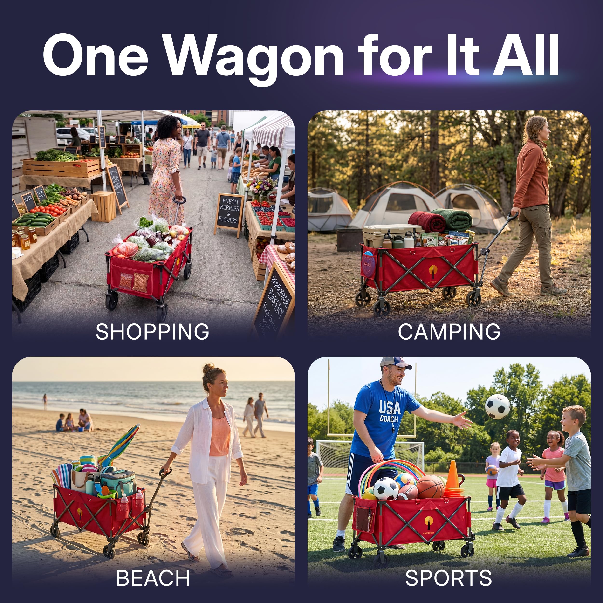 39" L Collapsible Wagon with All-Terrain Wheels, 460 lbs Foldable Cart with Detachable Flashlight, Pockets & Flexible Steering Handle, Red Utility Heavy Duty Folding Beach Wagons Carts — Amazon image 8