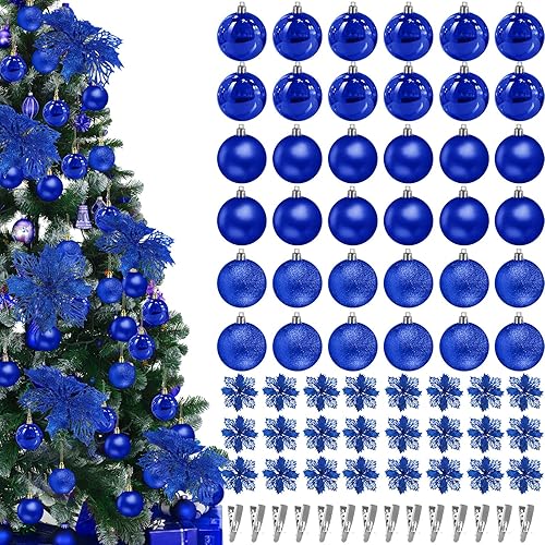 Miniatura 8 de Juego de 60 adornos de bolas de Navidad con purpurina para árbol de Navidad con bolas colgantes de 2.36 pulgadas y flores de Navidad de 6.3 pulgadas
