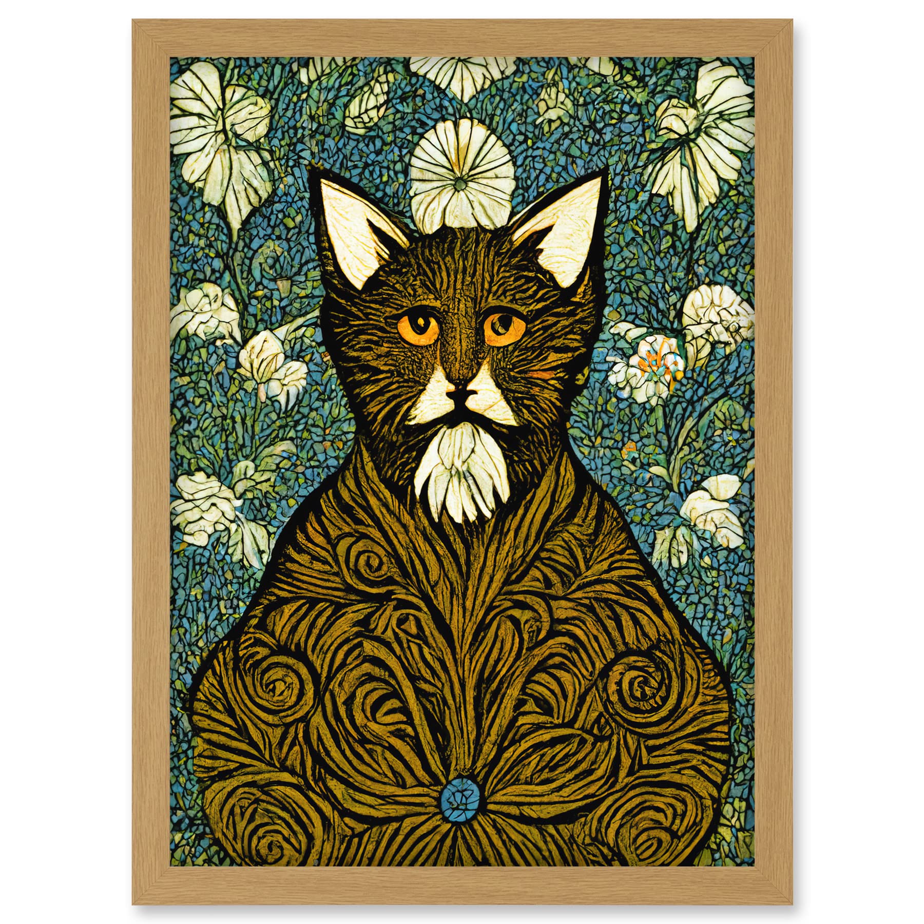 Doppelganger33 LTD Floral Paisley Illustrated Golden Cat William Morris Artwork Framed A3 Wall Art Print
