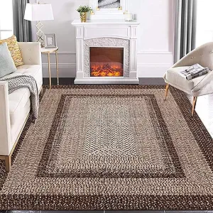 GAOMON Washable Large Area Rug - 10x13 Foldable Thin Brown Accent Rug for Living Room, Bedroom - Non Slip, Low Pile, Non-Shedding