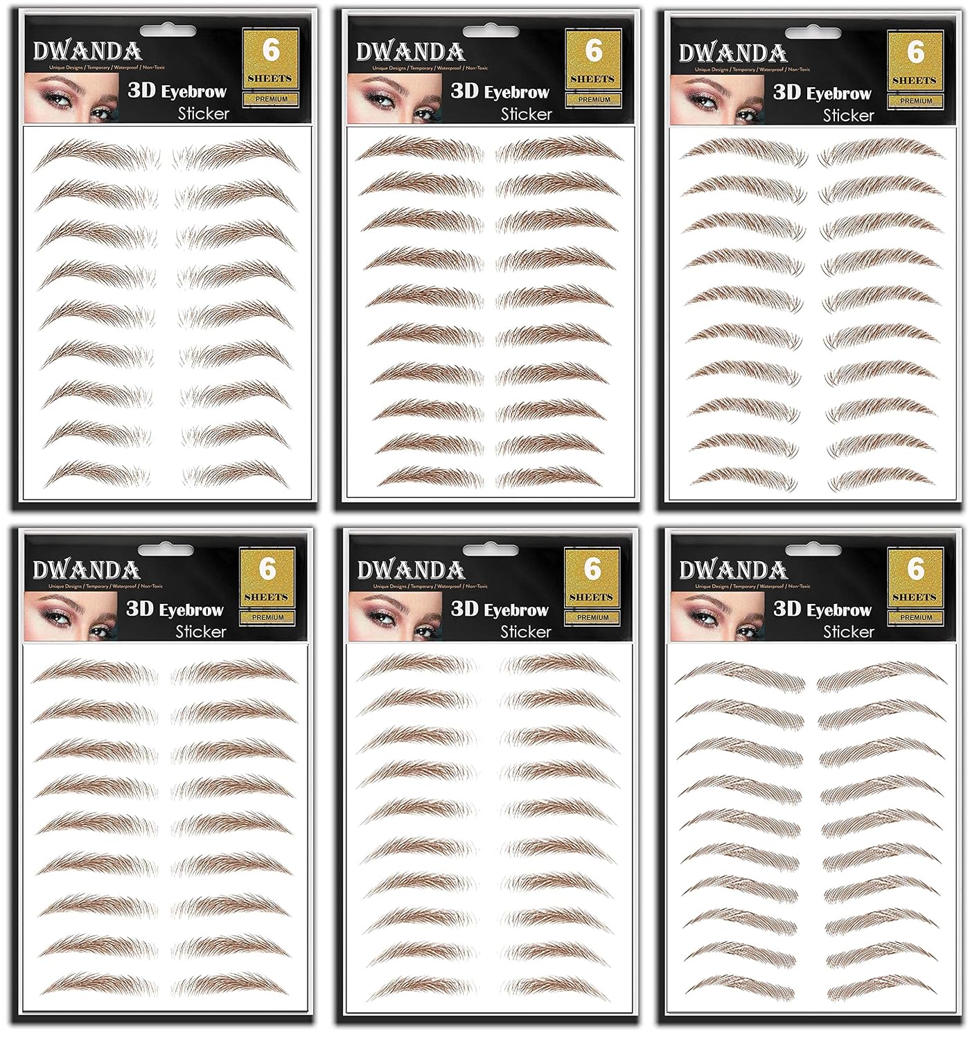 6 Sheets Premium Dwanda 3D Realistic Long Lasting Eyebrow Transfers, Realistic Looking Natural Eyebrows, Waterproof Eyebrow Tattoo stickers for Woman Makeup, Brown, 54-Pairs of Brows