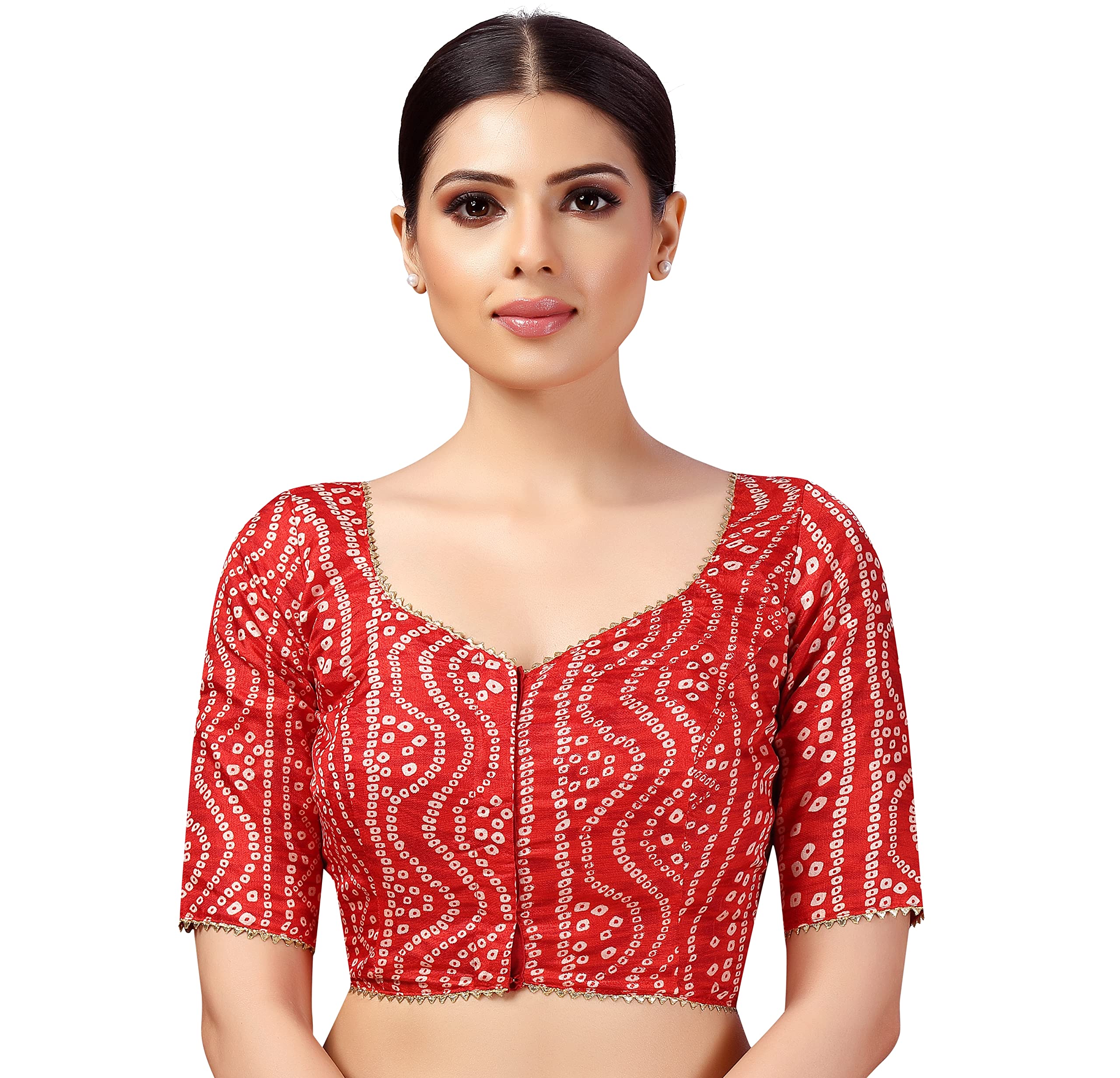 Studio ShringaarWomen's Polyester Elbow Length Sleeves Bandhani Print Silky Saree Blouse
