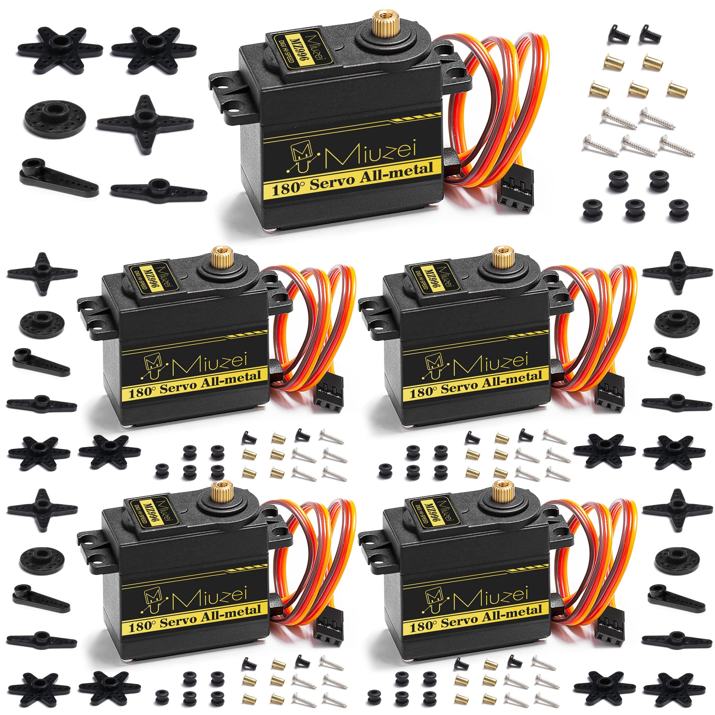 Miuzei Lot de 5 Servomoteurs Numériques 15 kg - Transmission en Métal - Haute Vitesse - Couple Servo - Pour Voiture RC - 1:8 1/10-12 - Hélicoptère, Avion, Voiture, Bateau, Bras de Robot
