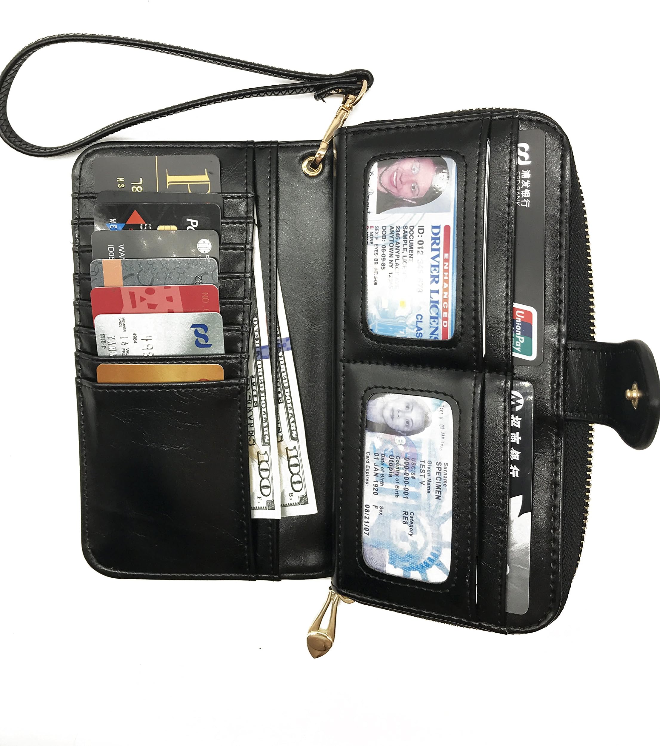 QUEENX Women's Capacity Luxury Wax Leather Clutch Wallet Multi Card Organizer (black)