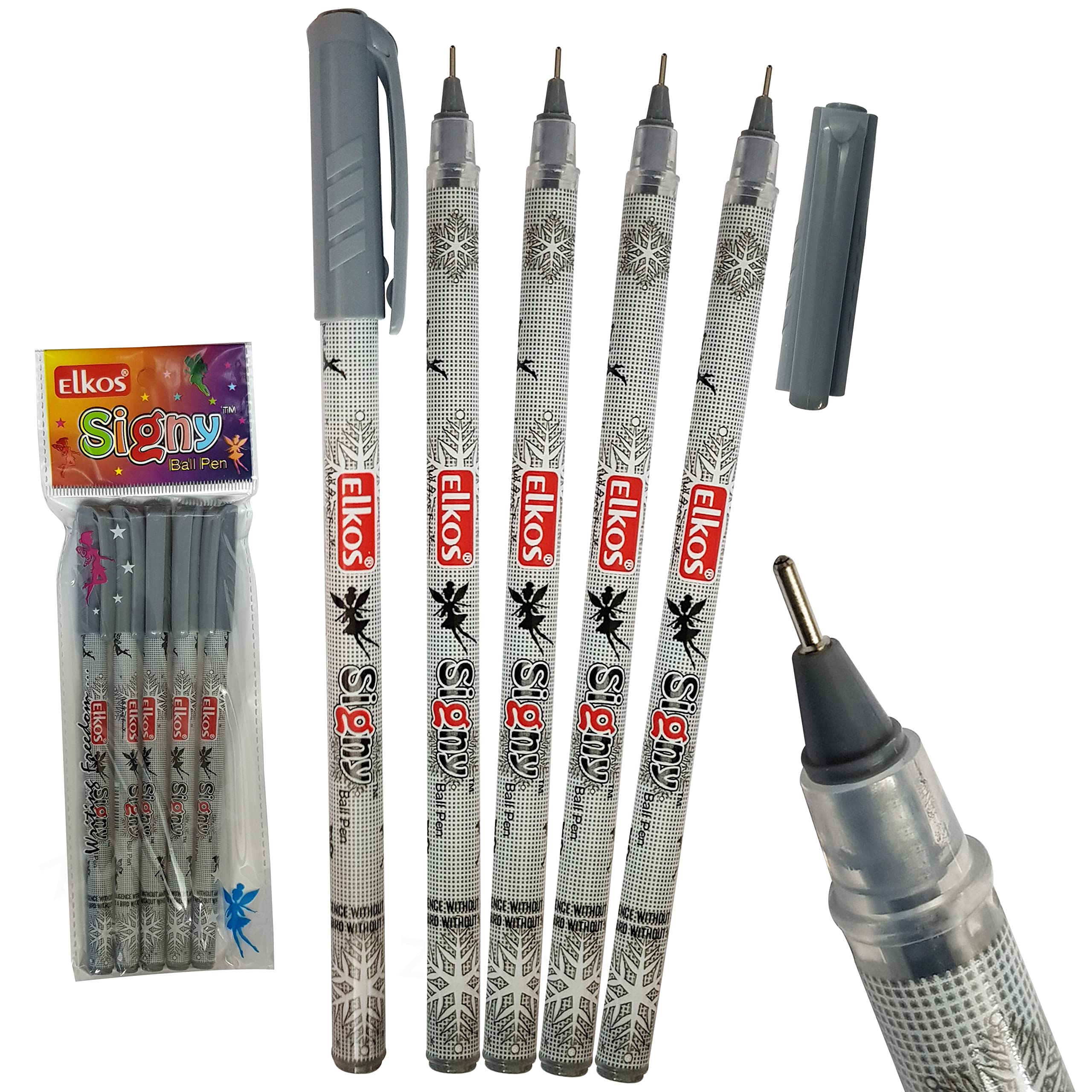 ELKOS BLACK Ballpoint Pens, 0.7mm Fine Point, Pack of 5, Signy Ball Pens, Smooth Writing, Perfect School Office Home Use, ZOFAX Black Ball Pen