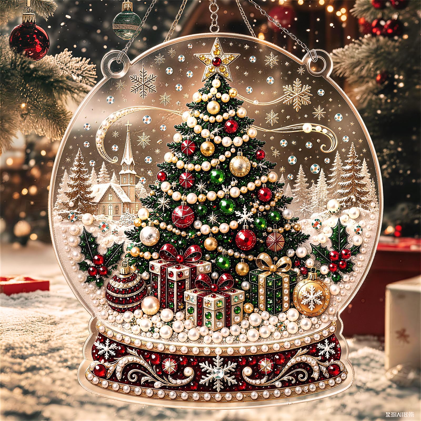 Gautesy Christmas Pearl Diamond Painting Suncatcher Kit, Acrylic Round Board DIY Beaded Art Craft with 3D Pearls, Festive Window & Christmas Tree Hanging Decor(Christmas Tree Snowball)
