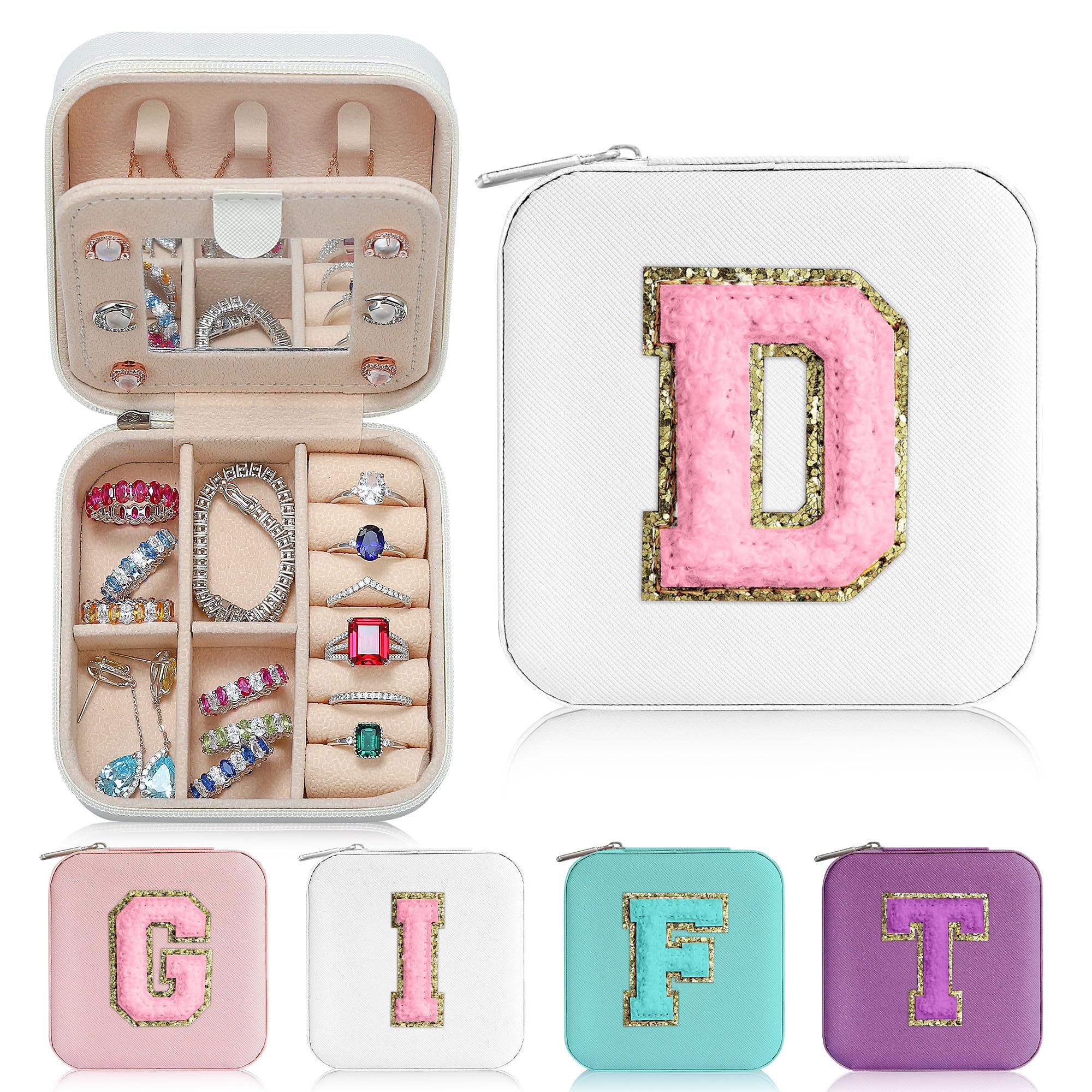 Parima Initial Jewelry Box for Women Girls, White Jewelry Travel Case | Chenille Letter Patches Jewelry Box | Multifunctional Personalized Travel Jewelry Case | Birthday Gifts for Women Girls