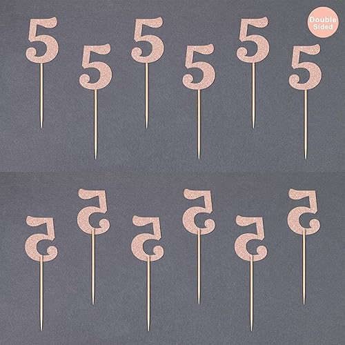 Miniatura 4 de Gexolenu 24 piezas de decoración para cupcakes de 5 cumpleaños de doble cara de oro rosa, decoración de 5 años con purpurina, decoración de fiesta