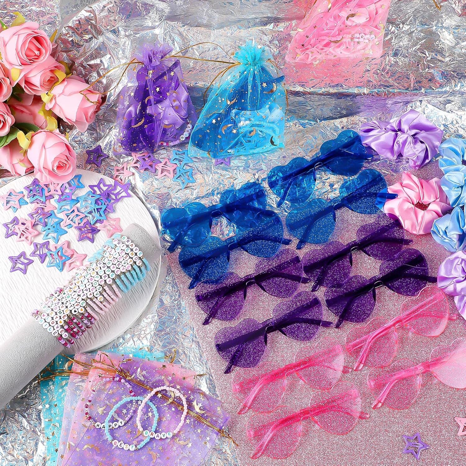 Quelay 162 Pcs/18 Sets Kpop Party Favors Friendship Gifts Includes Scrunchies Hair Clips Bead Bracelets Sunglasses Organza Gift Bags for Popular Singer Party Favors Y2k Fans Birthday(Heart)