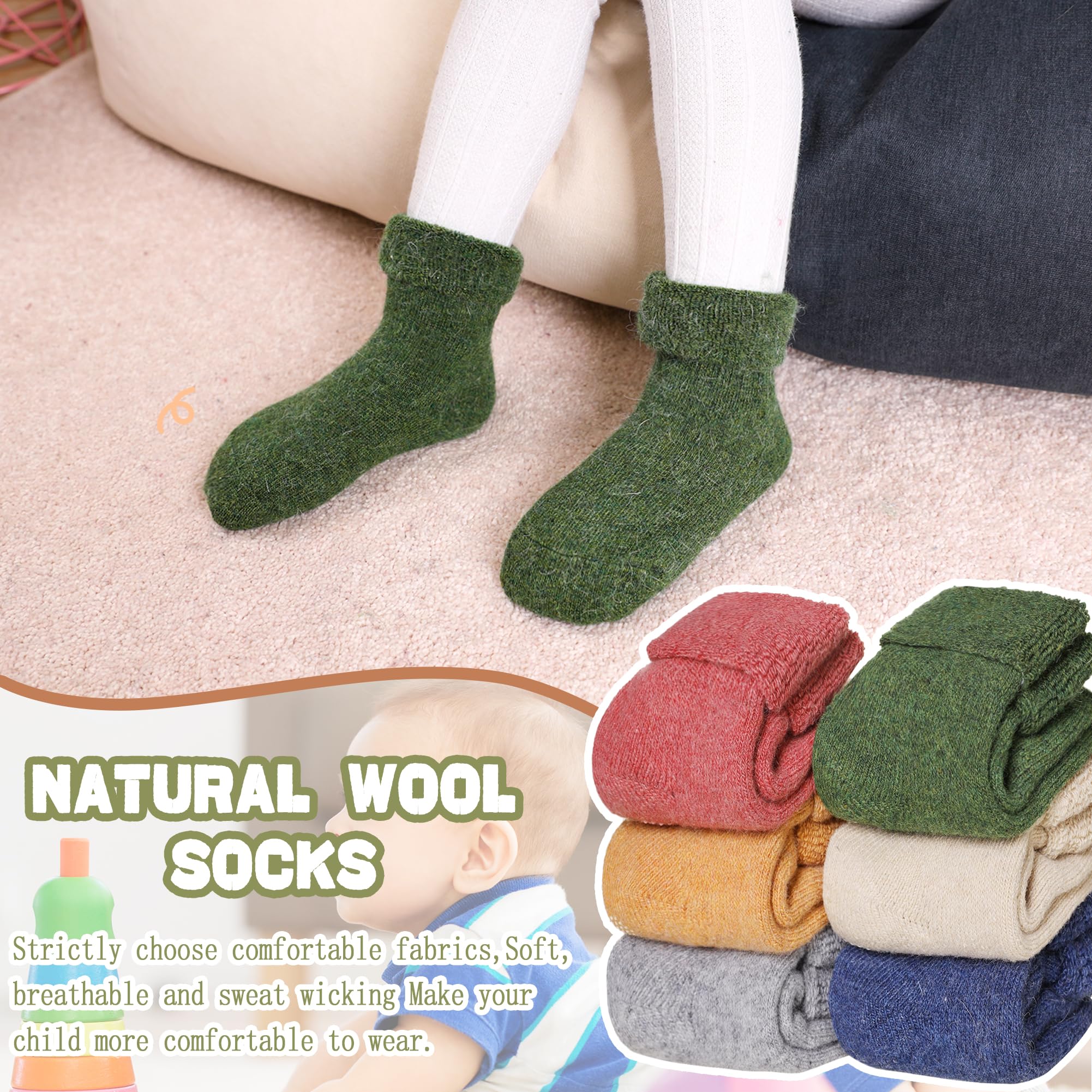 6 pares de calcetines de lana para bebé, suaves, cálidos, gruesos, antideslizantes, para niños pequeños, niñas, cuello redondo, 6 pares, color B, 0-12 meses, Color B, 0-12 Meses