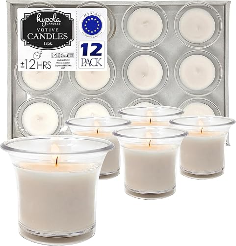 Hyoola Velas votivas – Velas votivas blancas en taza transparente – 12 horas de tiempo de combustión sin perfume – Paquete de 12 velas pequeñas a