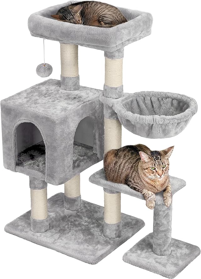 Yaheetech Rascador pequeño para Gatos Estable con Cueva y Tabla para rascar, Color Gris Claro | Fácil montaje, Ahorra espacio, sisal resistente, Duradero, Cesta Cómodo, Felpa suave, multinivel plataforma,nido grande