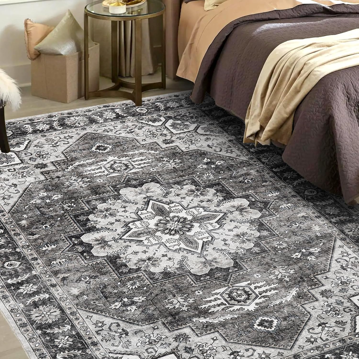 6x9 Area Rugs Washable Boho Rug, Non Slip Carpet for Living Room, Boho Vintage Design Rug, Foldable Soft Low-Pile Rug, Brown/Gray-Brown 6'*9' Brown/Gray-brown