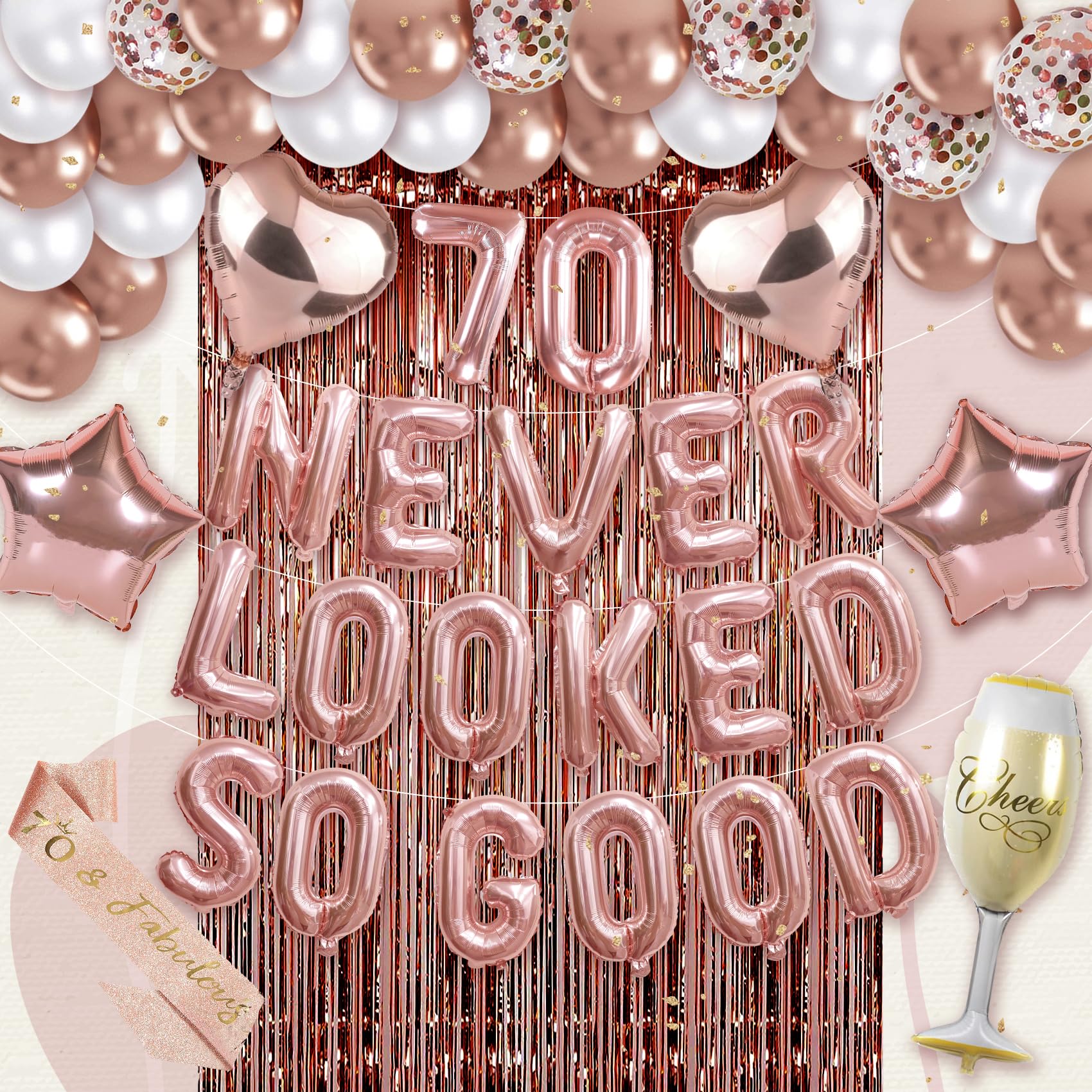 PARLONTY 70 Never Looked So Good 70th Birthday Party Decorations for Women - Rose Gold Balloons, Sash & Fringe Curtains - 8 Pieces