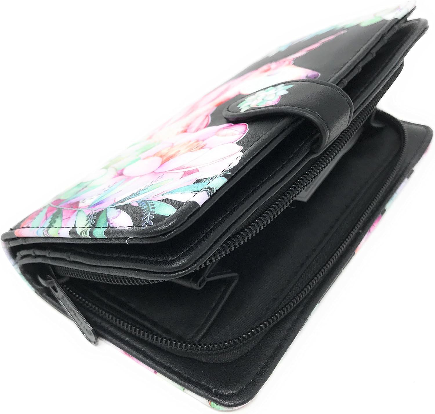 Shag Wear Unicorn Large Wallet Vegan Faux Leather Fantasy Design Clutch with Card Slots Bill Compartments ID Window Zippered Coin Pocket 7" Black