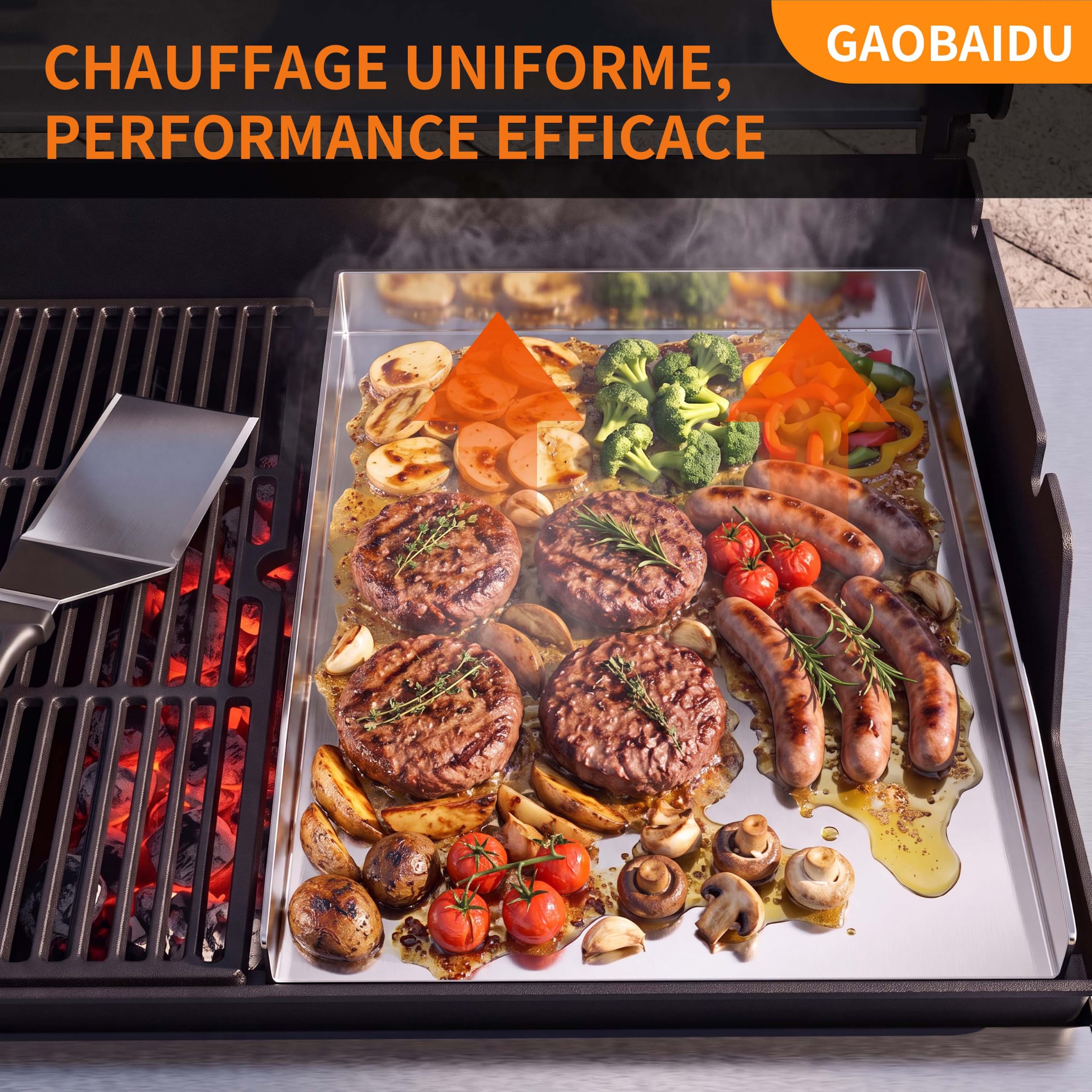 Plaque de cuisson en acier inoxydable - Épaisse et anti-rouille, inclut 2 spatules et 5 brochettes - Pour la plupart des grils à gaz et au charbon de bois (40x30x4CM)