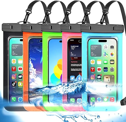 Famoby Paquete de 5 bolsas impermeables universales multicolor de hasta 8.3 pulgadas, bolsa seca, nivel de protección IP68, deportes al aire libre