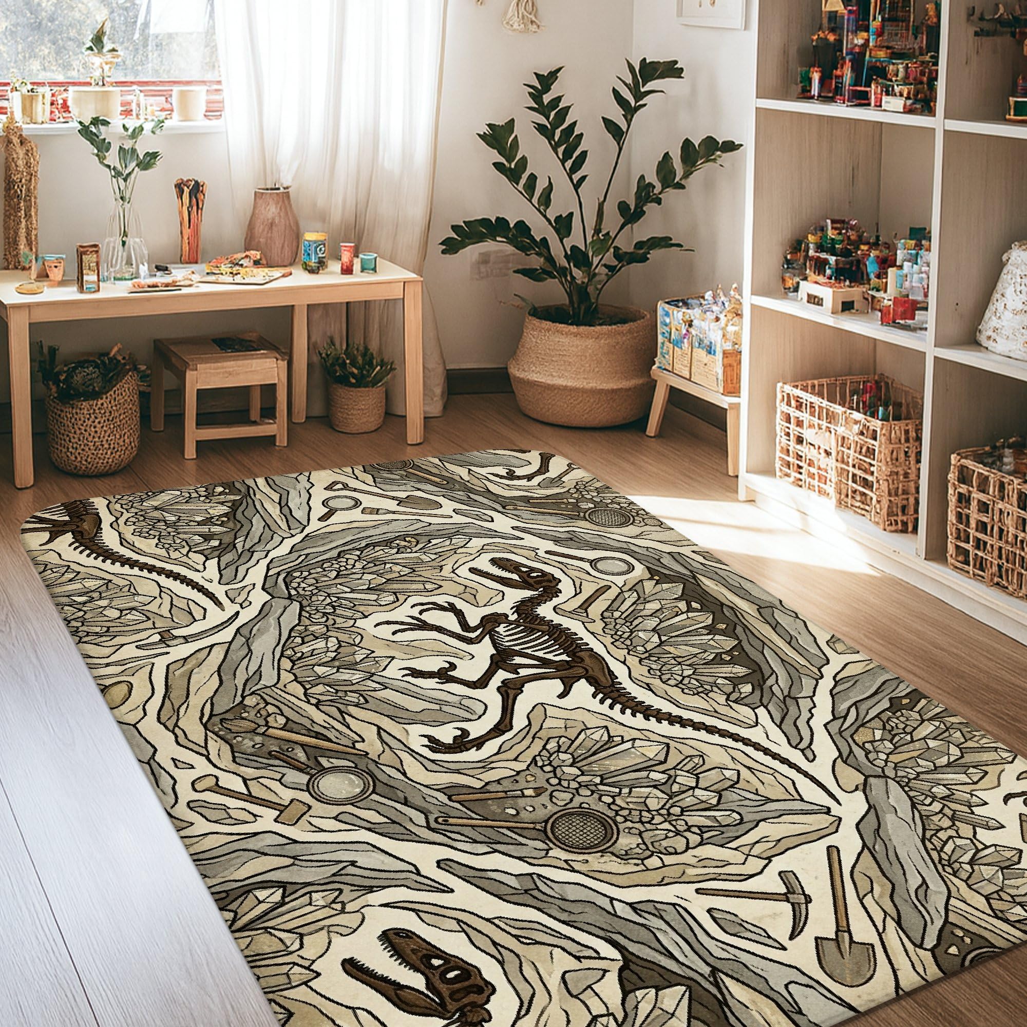 Dinosaurier-Teppich, Abenteuer, natürlicher Kristall, Rock, Abenteuer, Beige, niedriger Flor, Schwamm-Teppich, farbecht, ästhetischer Teppich für Wohnzimmer, Schlafzimmer, Flur, Schreibtisch, Büro
