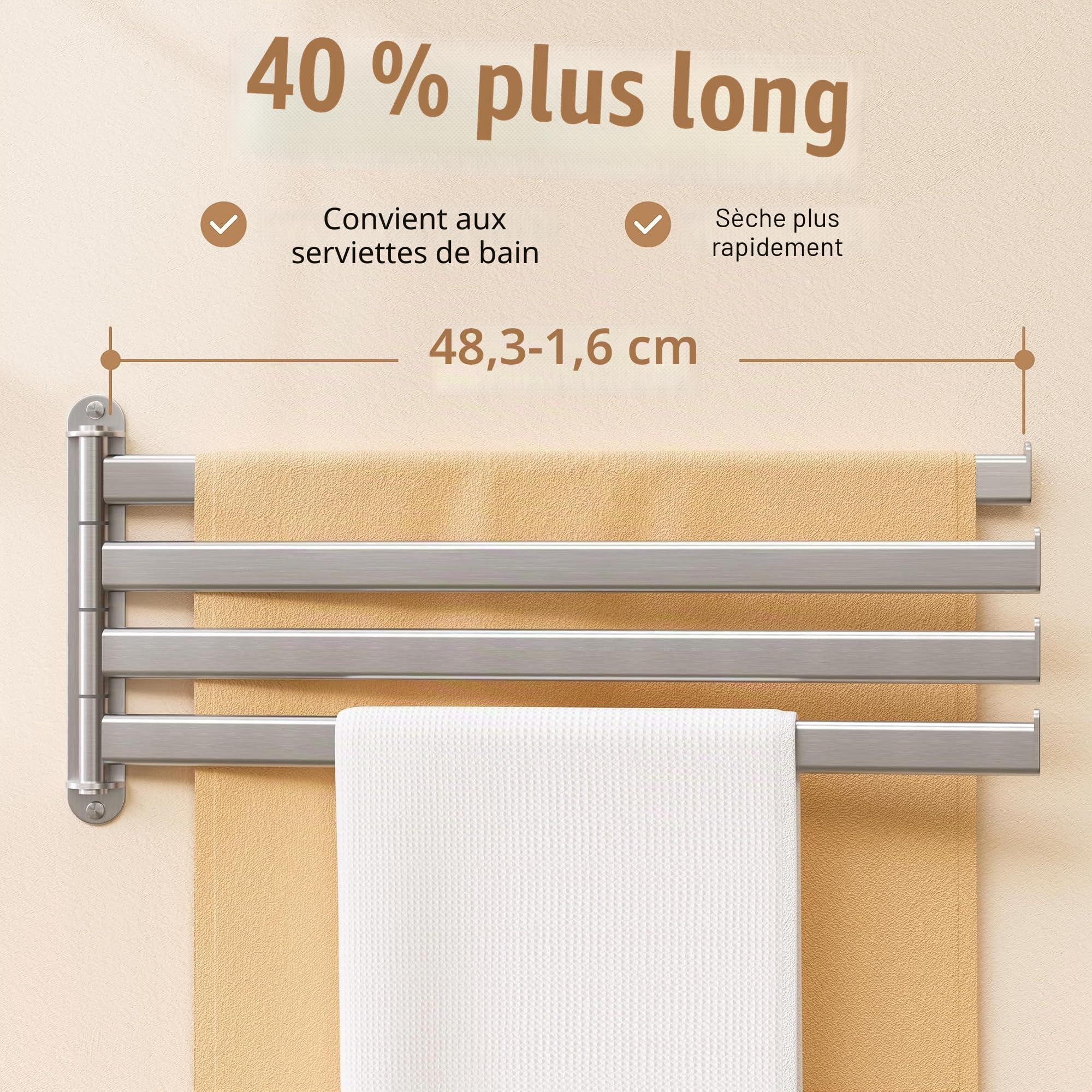 KES Porte-Serviettes de Salle de Bain avec 4 Barres Porte-Serviettes Acier Inoxydable SUS304 pivotant à 180 ° 50 cm Brossée, A2104S4L50-2