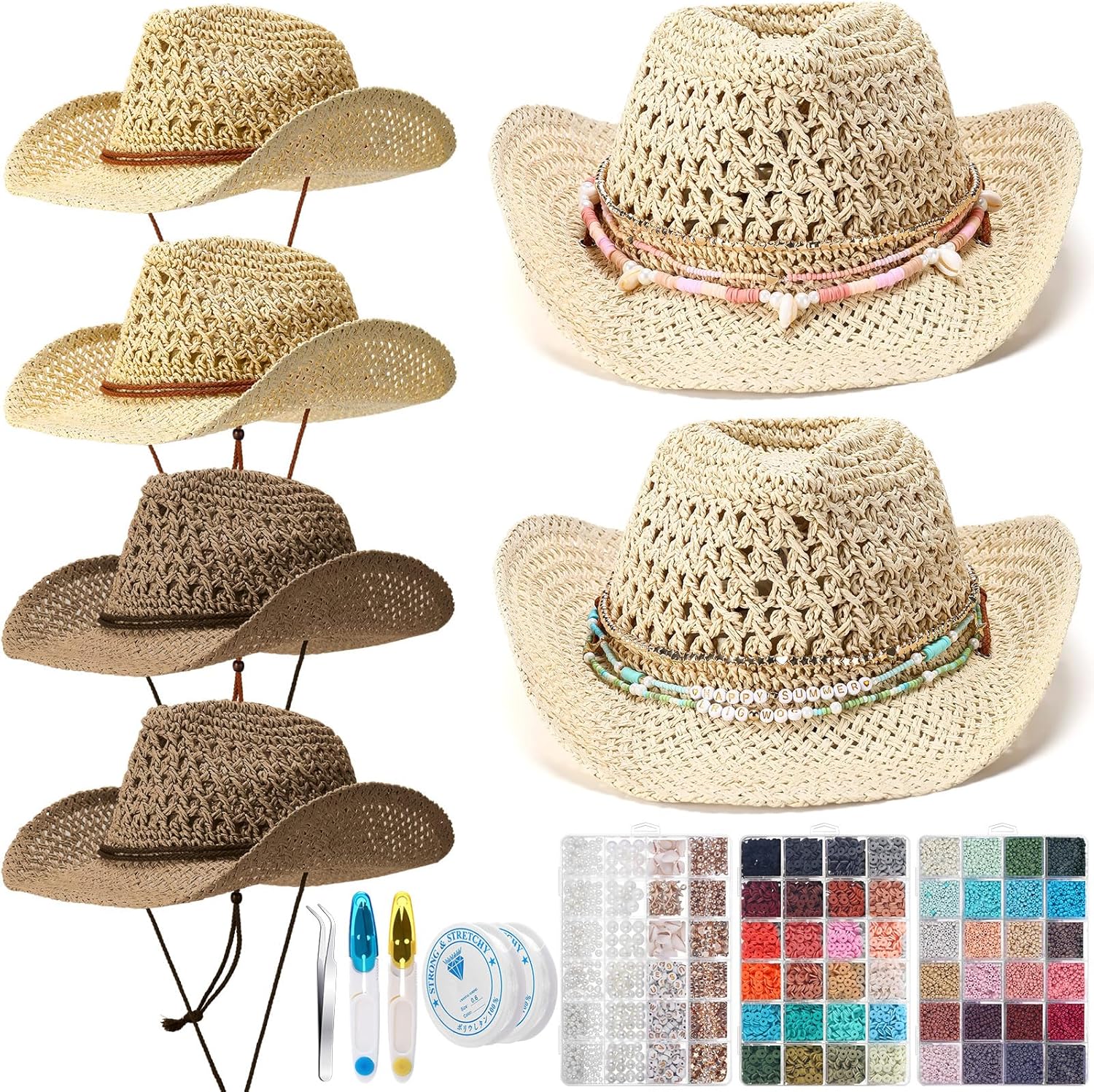 Hercicy 6 Set Coastal Cowgirl Hat Craft DIY with Beaded Making Kit Make Your Own Beach Straw Hat for Women Bachelorette Party