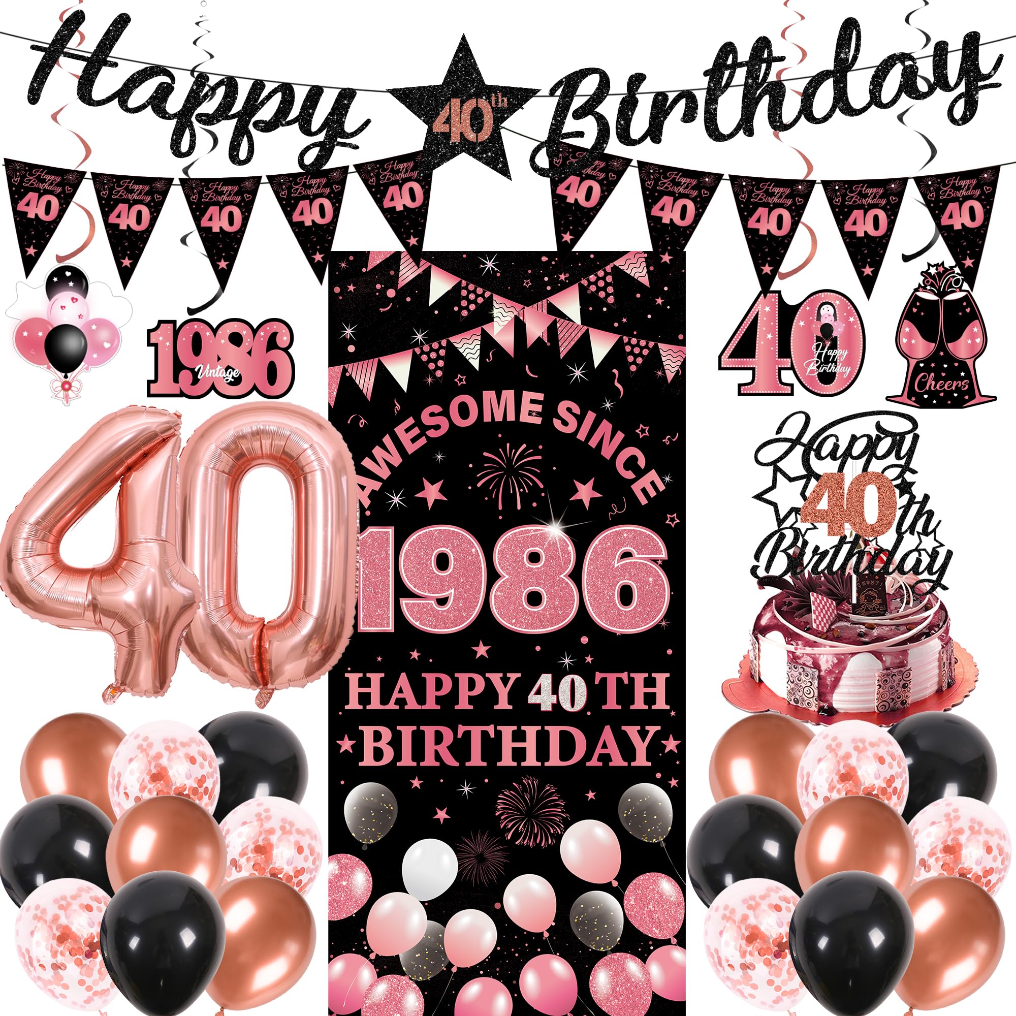 40th Birthday Decorations Women Kit - 27 Pcs Black Rose Gold Happy 40th Birthday Banner Triangular Flag Hanging Swirls Backdrop Cake Topper 40 Balloon Set for 40 Years Old Party Decoration Supplies