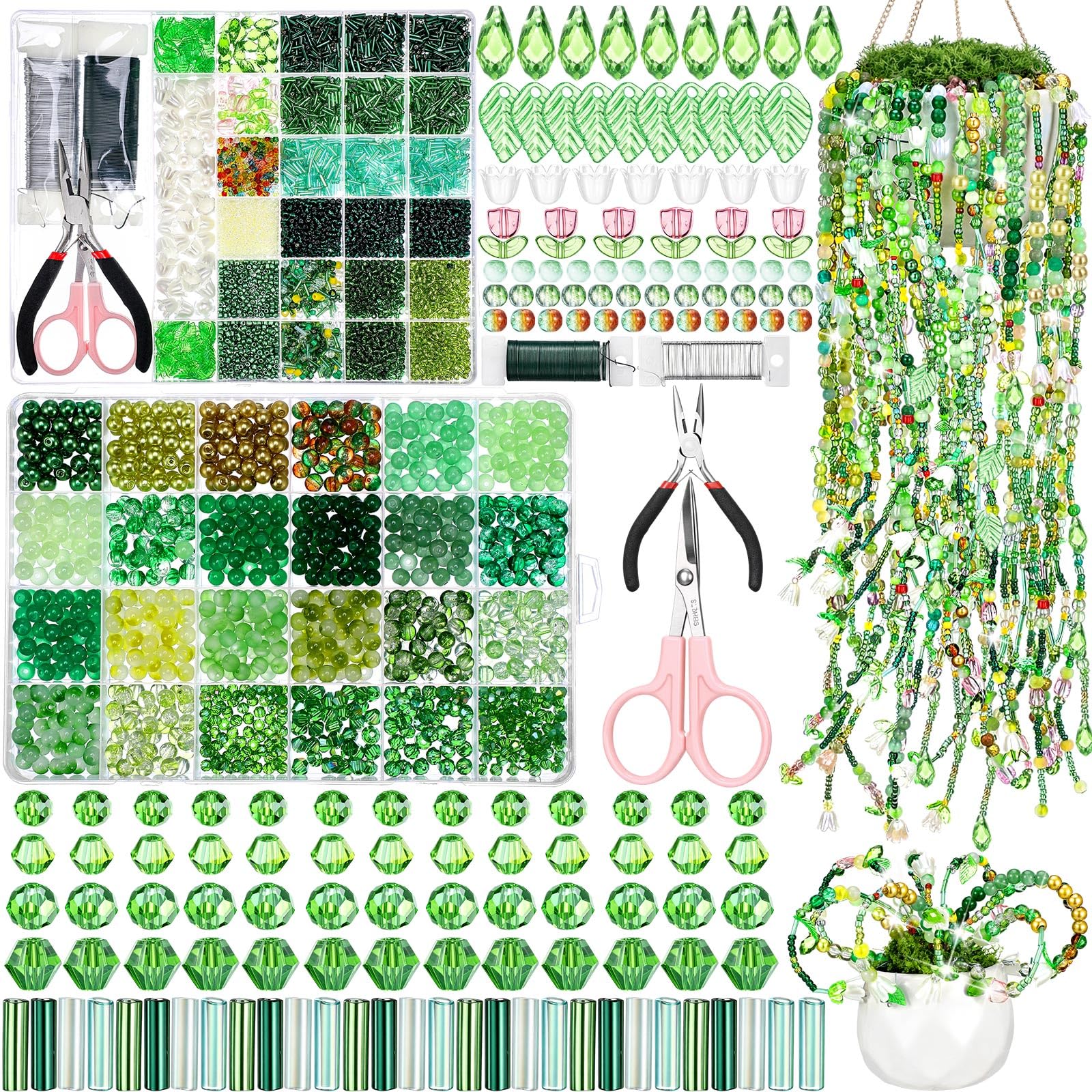 XunYee 8569-teiliges Perlen-Pflanzen-Set, grüne Glasperlen für die Pflanzenherstellung, grüne Perlen, Perlen, Natur-Kristallglas-Blattperlen für Schmuckherstellung, Bastelset, Pflanzenliebhaber