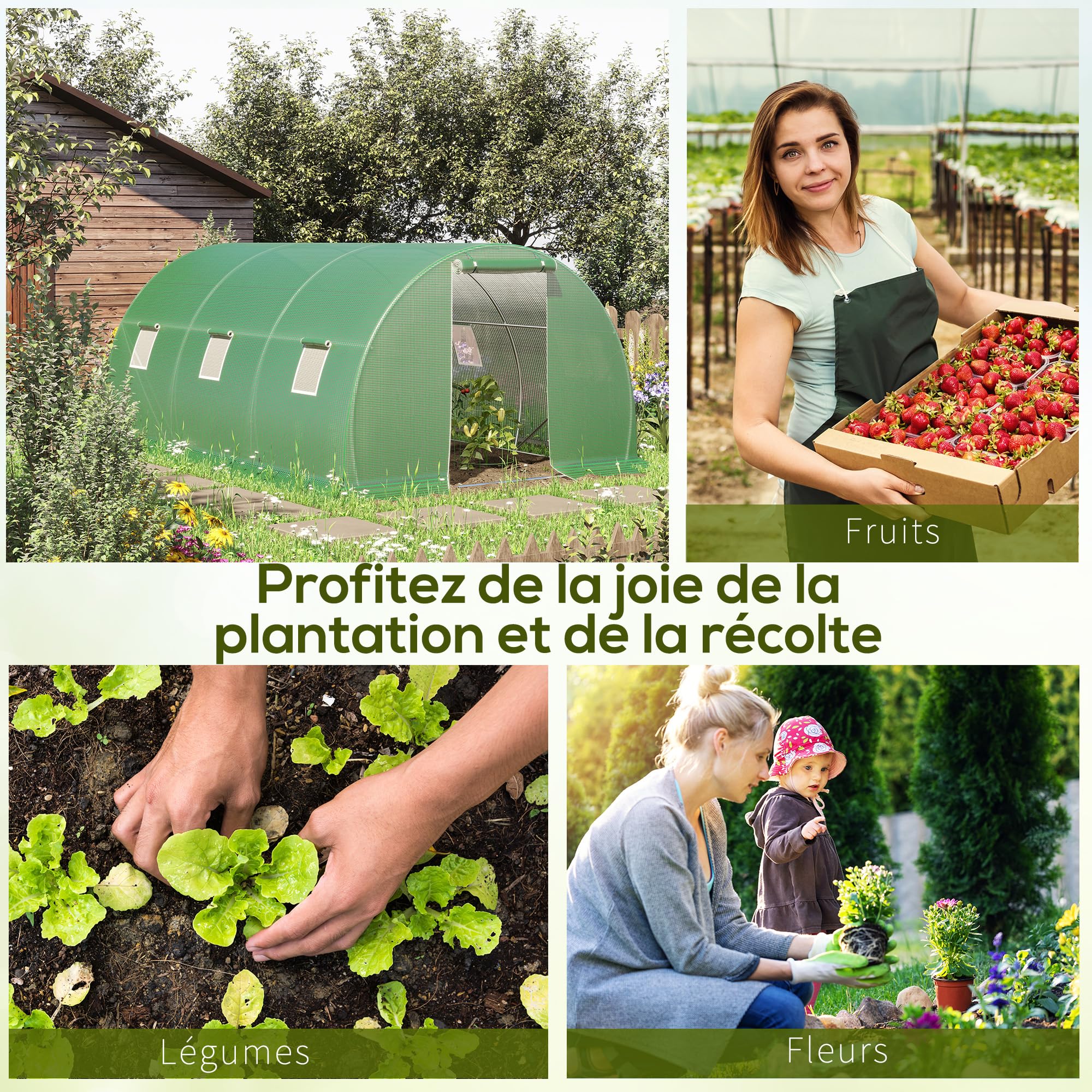 Outsunny Serre de Jardin Tunnel 13,5 m² dim. 4,5L x 3l x 2H m - 6 fenêtres, Porte zippée Enroulable - châssis Tubulaire Acier galvanisé, bâche PE Haute densité Vert