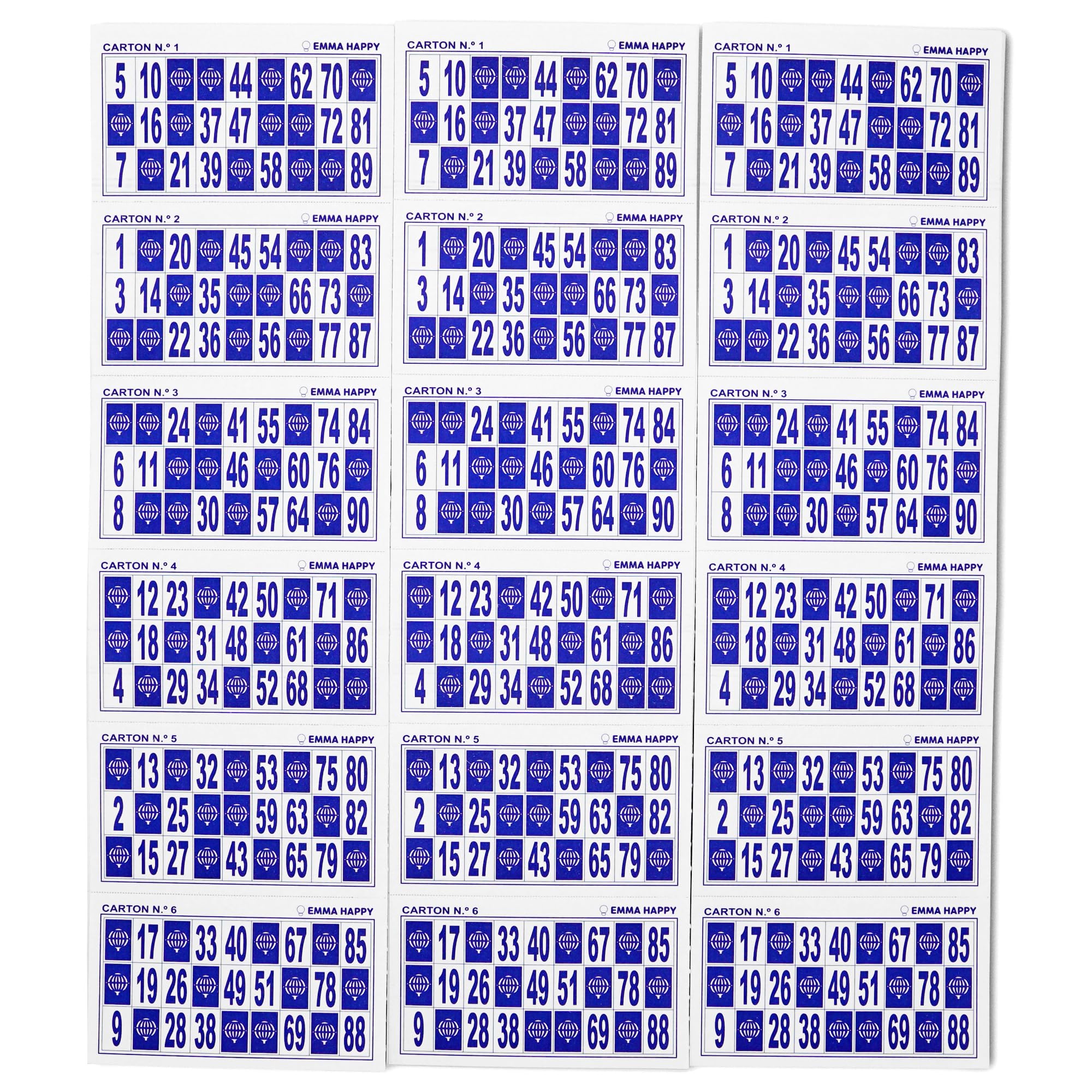 Cartones de Bingo Azules 90 Bolas – 1800 Unidades (3x600) Numeradas 1 al 90 + 10 Bolígrafos Azules – Bingo Tradicional en Cartón para Fiestas, Residencias y Asociaciones