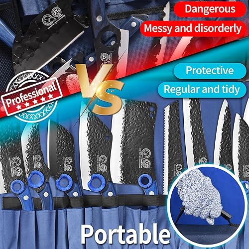 Miniatura 7 de Auténtico XYJ desde 1986, juego de 10 cuchillos de cocina con bolsa de rollo, tijeras, acero afilado, cuchillo pequeño y piedra de afilar, juego de