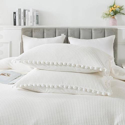 Miniatura 5 de Juego de funda de edredón de algodón bohemio, tamaño Queen, con pompón blanco, 3 piezas, tejido de gofre, coco, reversible, de algodón, suave,