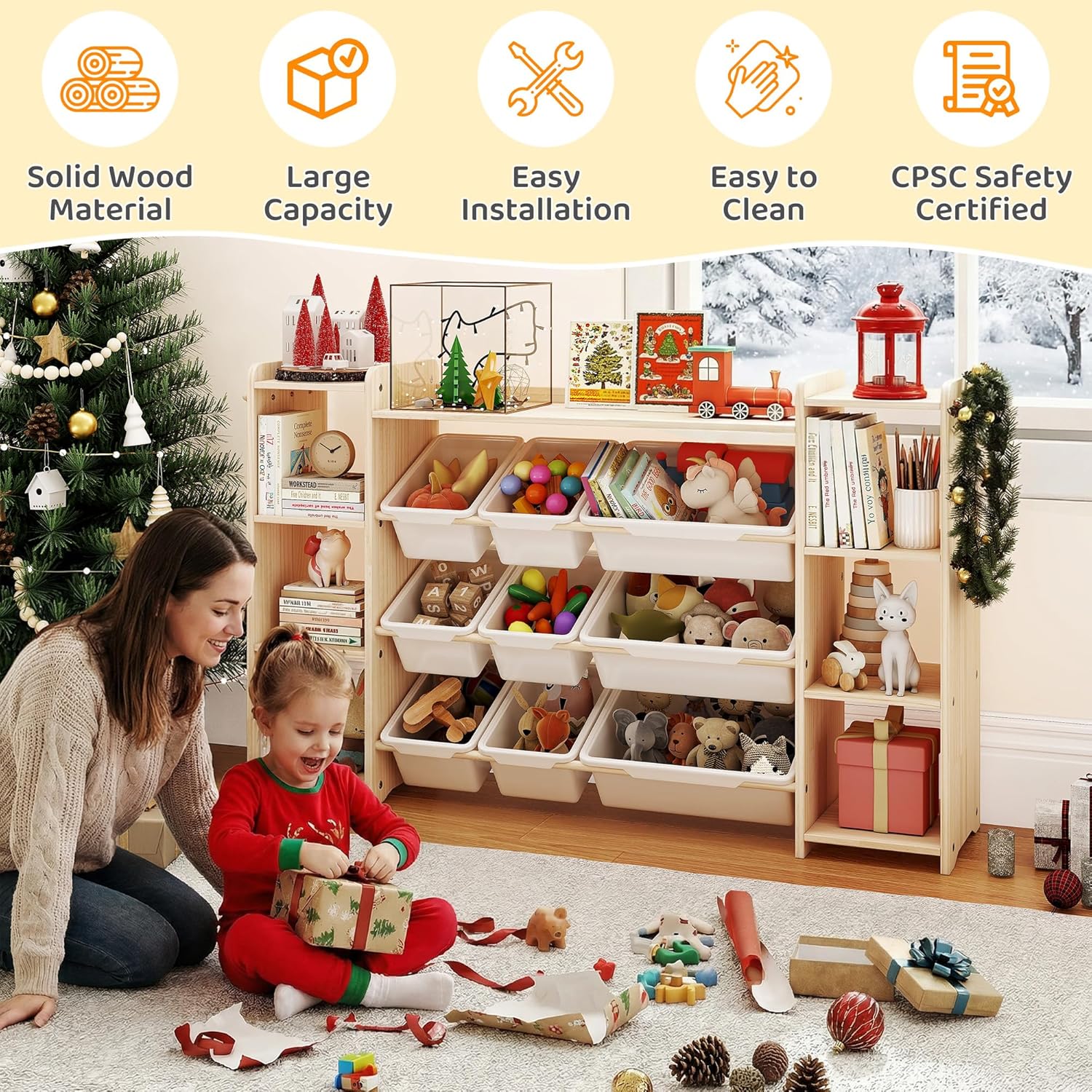 Toy Storage Organizer, Kids Bookshelf with 6 Shelves, 9 Toy Bins & 6 Hooks | Toy Shelf, Storage Bin Unit, Toy Organization for Playroom, Nursery, Bedroom, Toddler Room | Wood & White