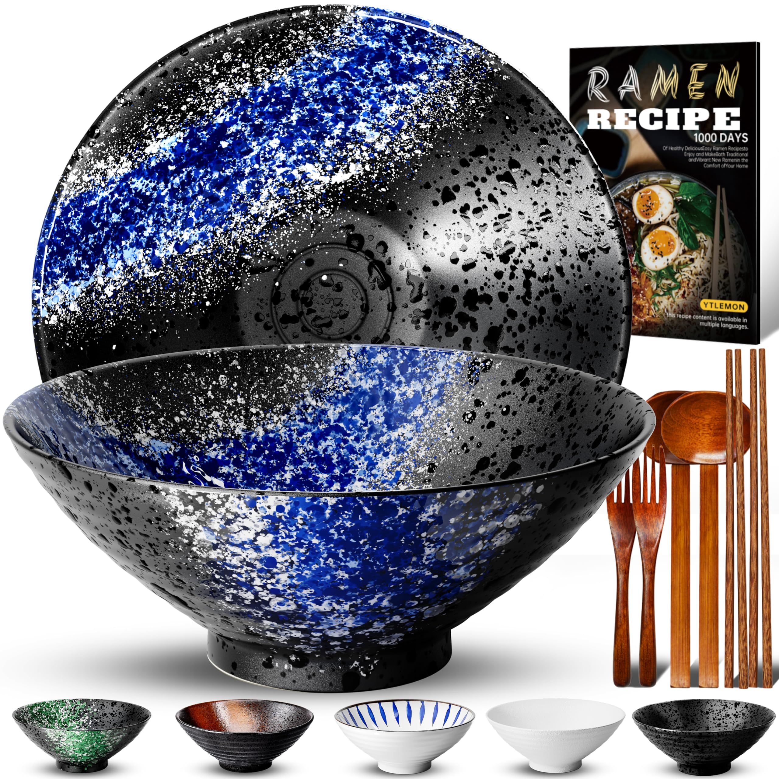 8-Inch Ceramic Ramen Bowl Set of 2 (9 Piece) - Porcelain Japanese Salad Noodles Cereal Fruit Pasta Soup Large Bowls with Recipes Chopsticks Forks Spoons for Men Women Gift Microwave & Dishwasher Safe