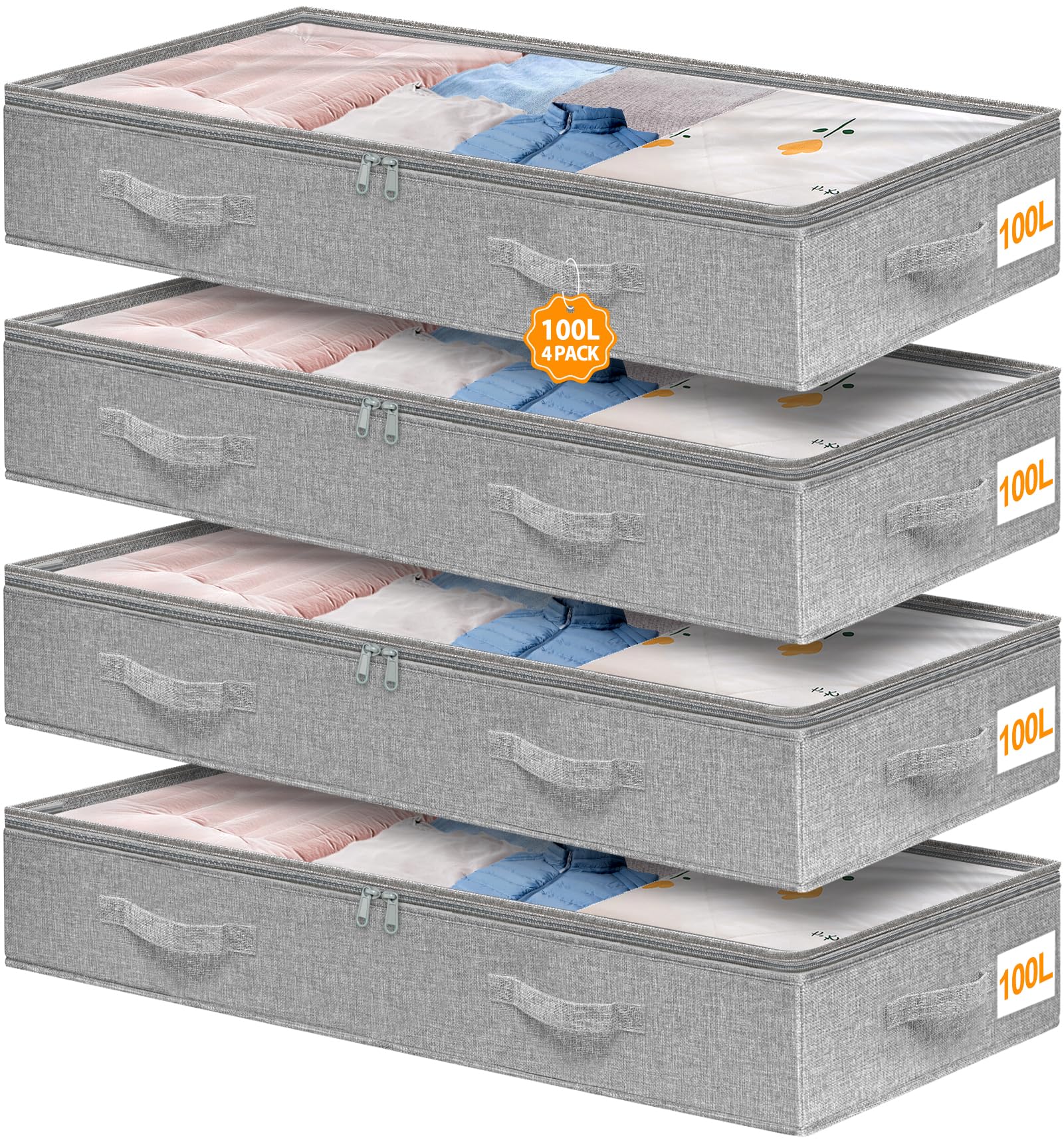 mepure 100L UnderBed Storage Bags, 4 PCS Large Capacity Under Bed Clothes Storage Boxes With Lid & Reinforced Handle, Under Bed Storage Box W/Zips For Comforters Sheets Clothes Blanket, 102x51x17(CM)