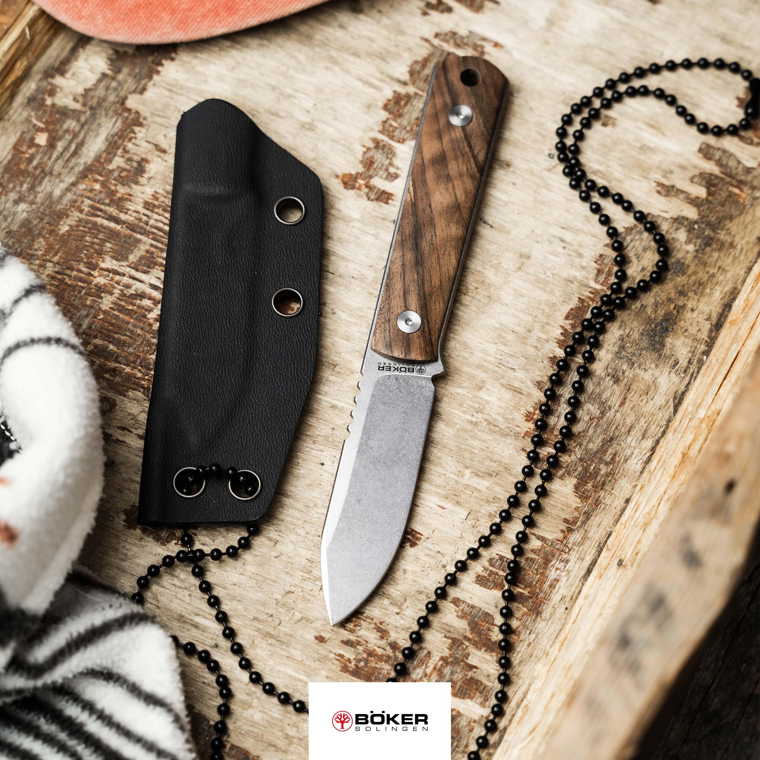 Böker SOLINGEN® BFF Packlite Walnuss – EDC Neck Knife mit feststehender 6,5 cm Klinge – Skelett-Messer extra leicht mit Holz-Griff - Halsmesser handgemacht mit Kydex-Scheide – Made in Germany
