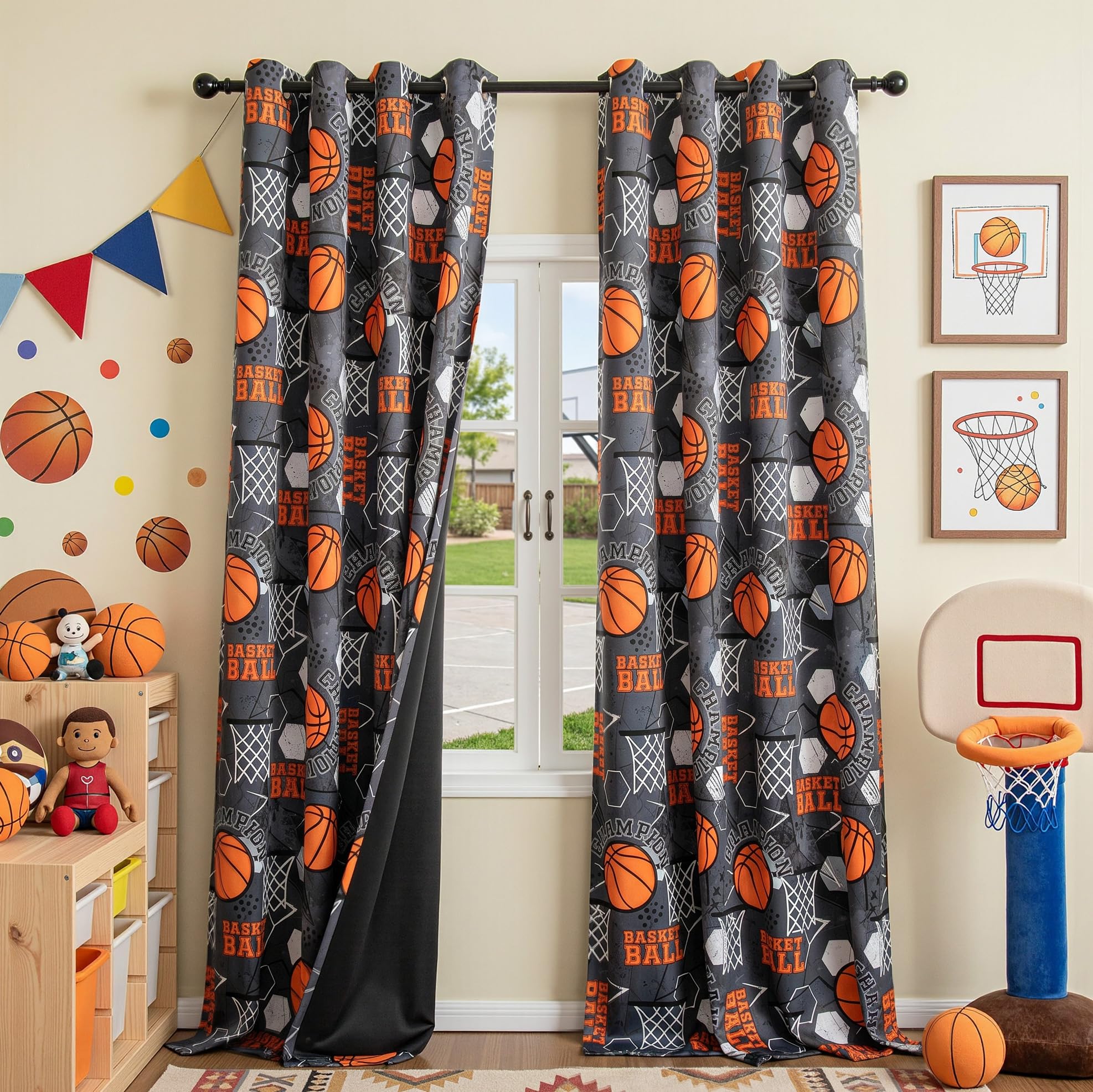 MYSKY HOME 95% Blackout Curtains 96 Inch Long with Basketball Sport Printed