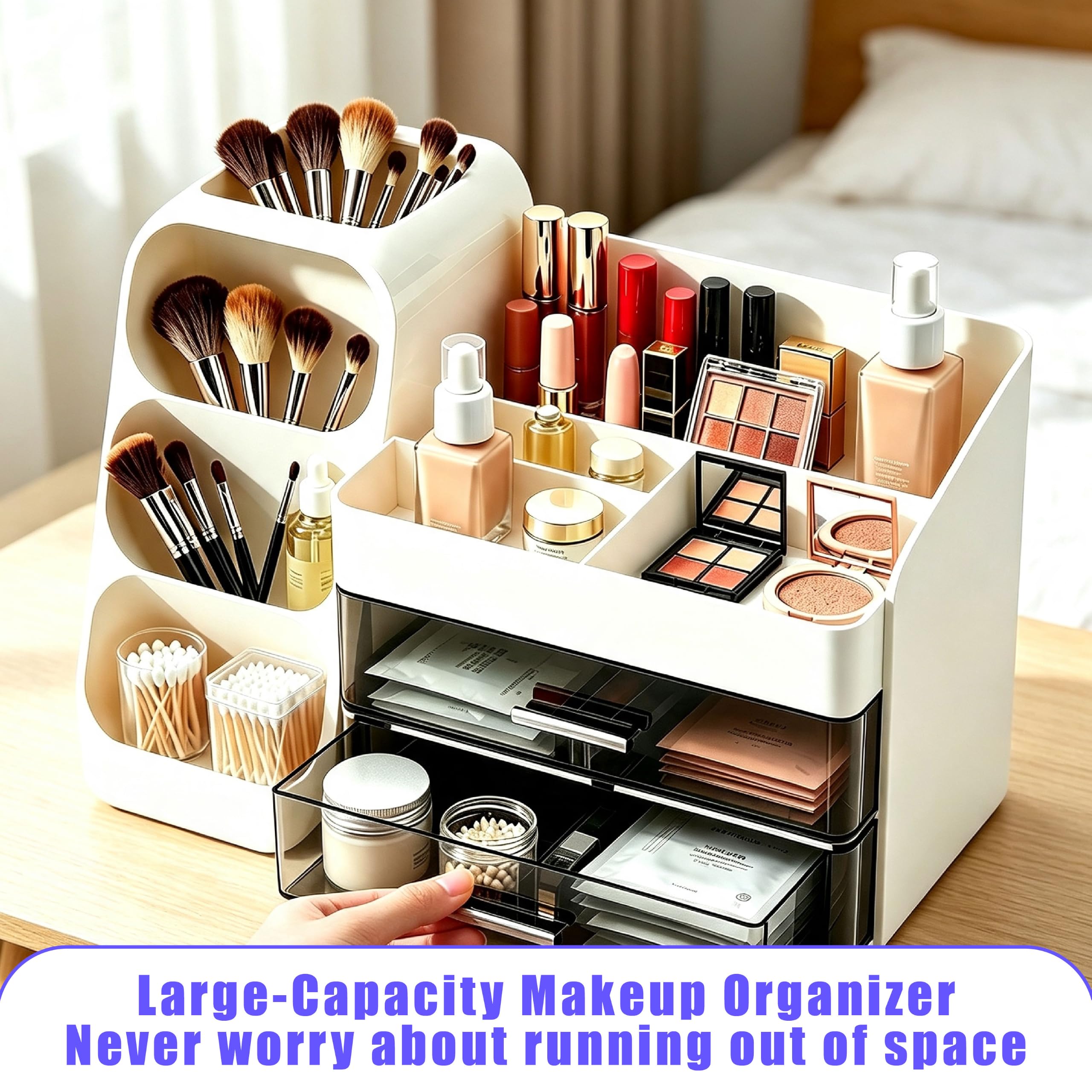 Organizador de cosméticos grande con cajones – 3 en 1 para brochas y cosméticos, elegante caja blanca para organizar y almacenar en el tocador