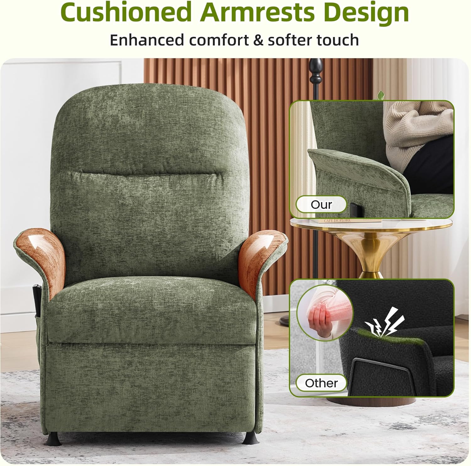 Power Recliner Chair with Remote Control, 21" Wide Seat Small Recliners with Side Pocket for Adults, Thick Cushions Chair for Living Room & Bedroom, Green