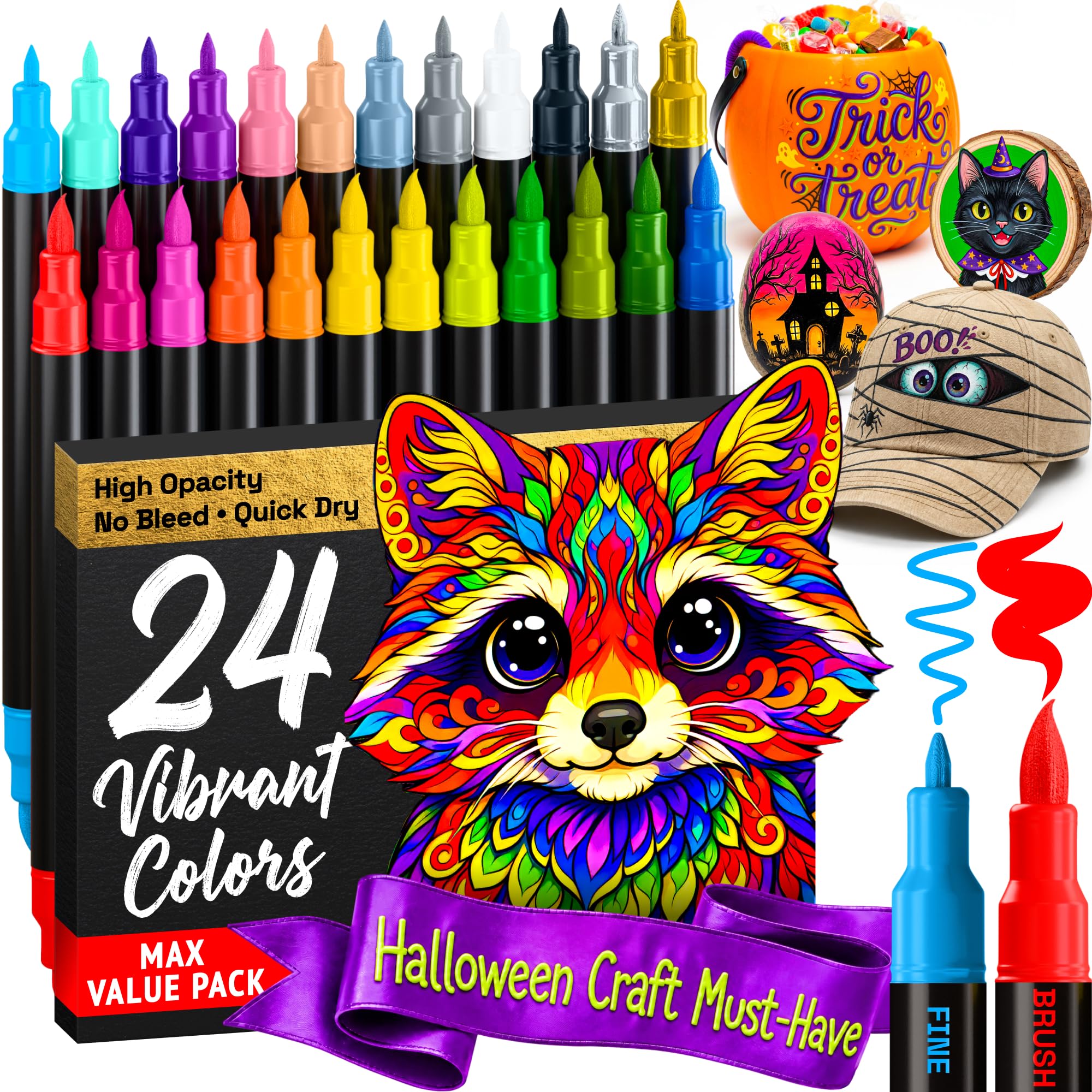 24 Multicolor Dual-Tip Acrylic Paint Marker Pens for Drawing | For Fabric, Rock, Glass, W…