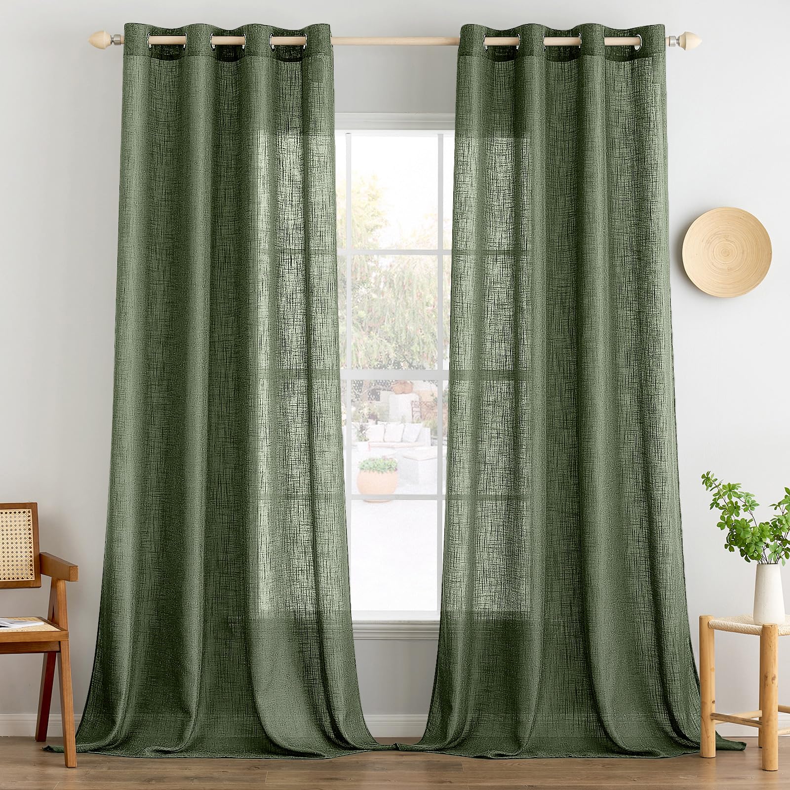 MIULEE Gardinen Vorhänge mit ösen Voile Vorhang kurz Modern Leinenoptik Halbtransparent Ösenvorhang für Wohnzimmer Kinderzimmer Raumteiler 2er Set Olivgrün 245x140 cm