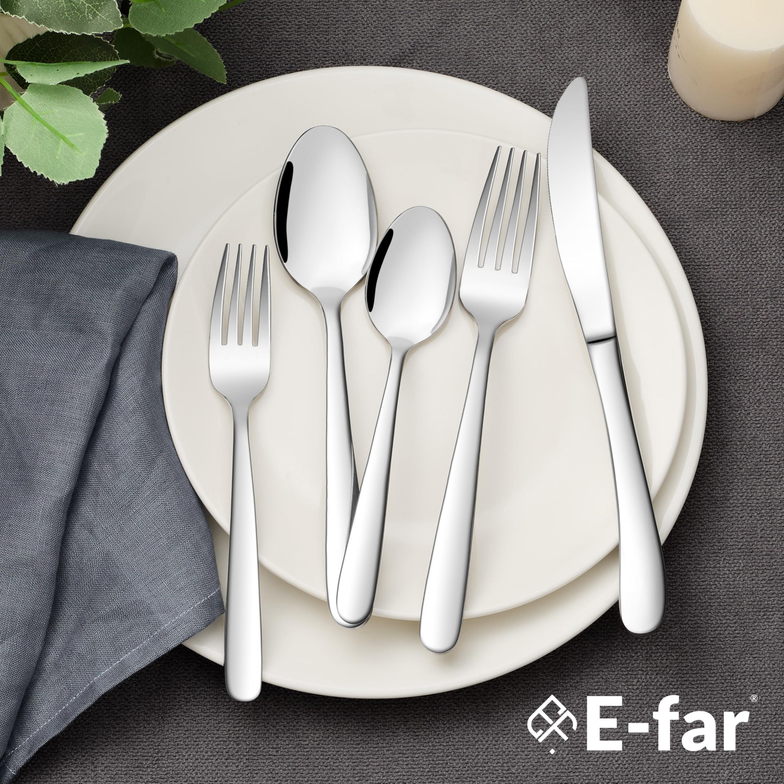 E-far Strapazierfähiges Besteck-Set für 4 Personen, 20-teiliges Edelstahl-Besteck-Set, schweres Metallgeschirr, Essutensilien für Zuhause, Restaurant, Hochzeiten, hochglanzpoliert und