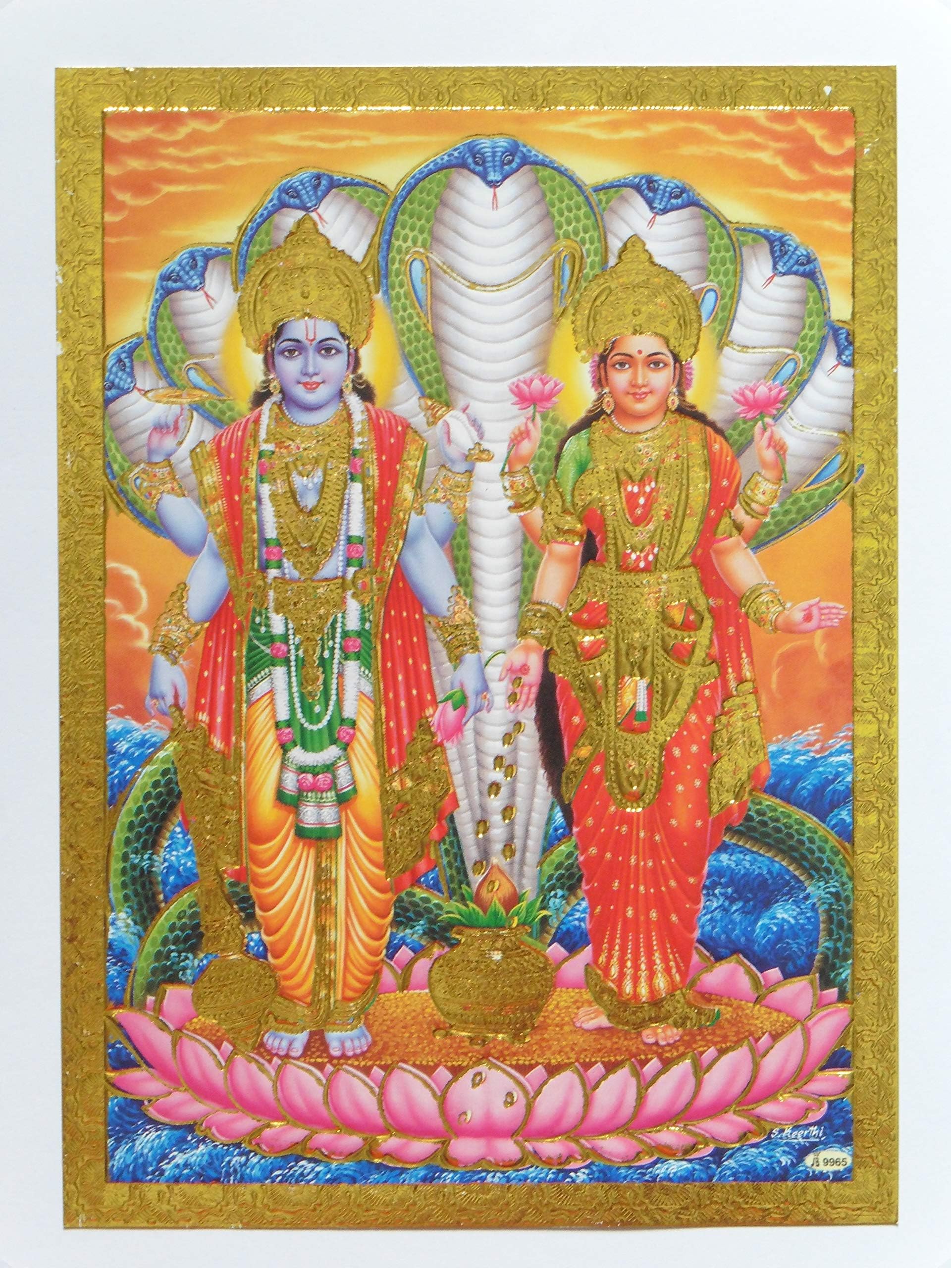 Gold Foil Embossed Hindu God Lord Vishnu Goddess Lakshmi Shrine Picture