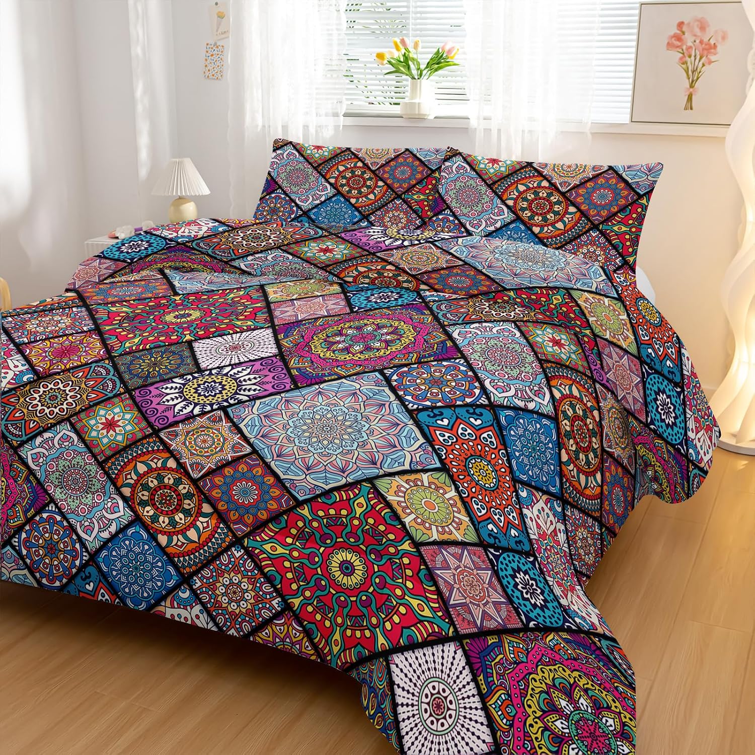 Nttopship Colorful Bohemian Comforter Sets Full Size,Retro Grid Bedding Set for Your Room,Abstract Soft Lightweight Quilted Set All Season,1 Comforter and 2 Pillowcases