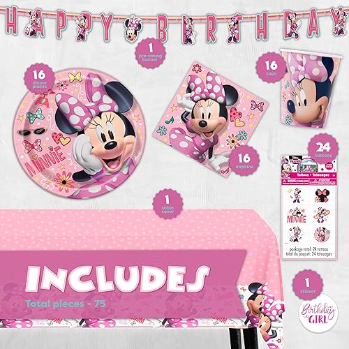 Miniatura 2 de Decoraciones de cumpleaños de Minnie Mouse | Sirve a 16 invitados | Pancarta, cubierta de mesa, platos, servilletas, calcomanías, licencia oficial