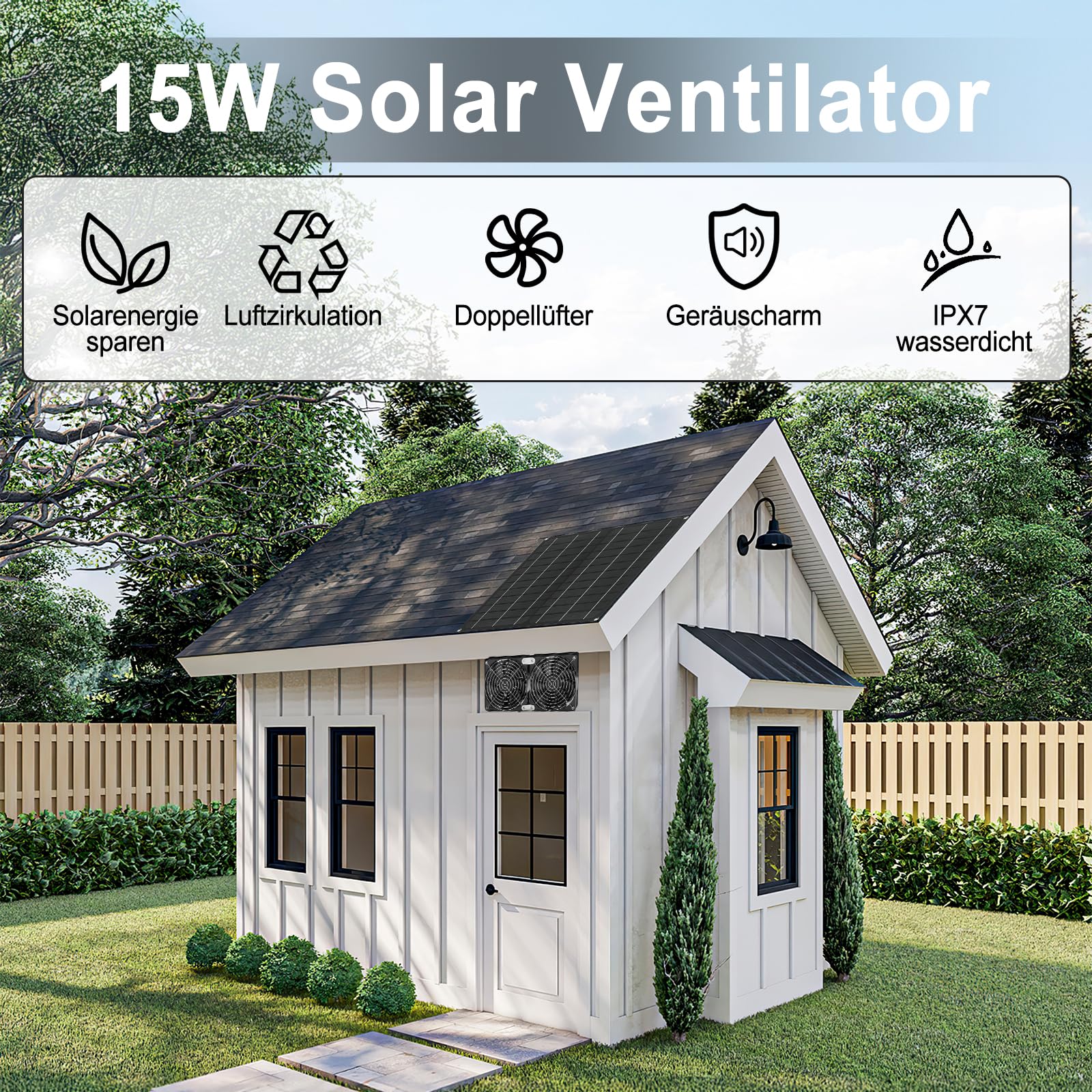 Ventilatore solare, 15 W, a energia solare, doppio ventilatore di scarico, impermeabile, ventilatore solare per pollaio, serre, case per animali domestici