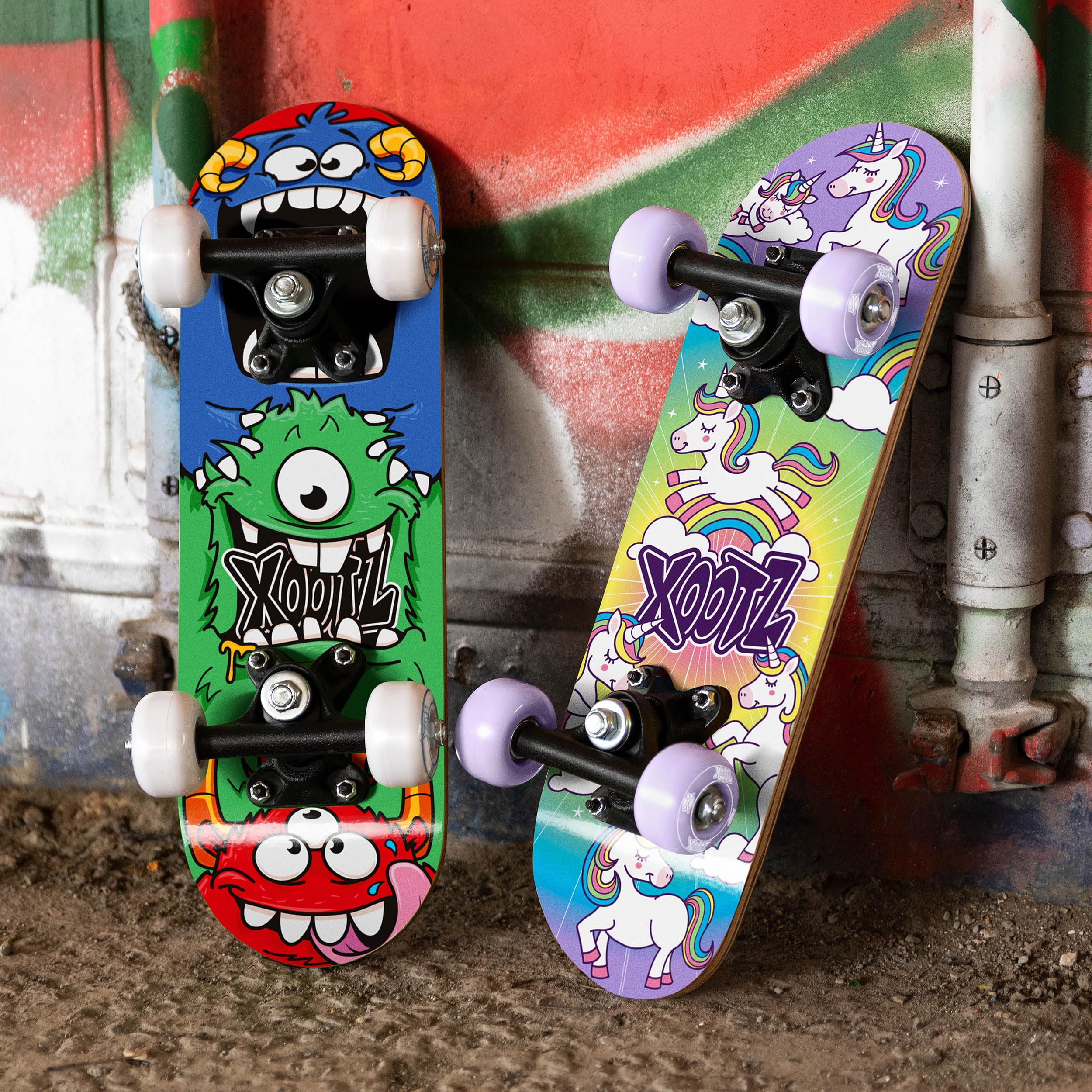 Xootz Mini skateboard, motivo unicorno o mostro, 43,2 cm, per bambini e bambine, dai 3 anni in su