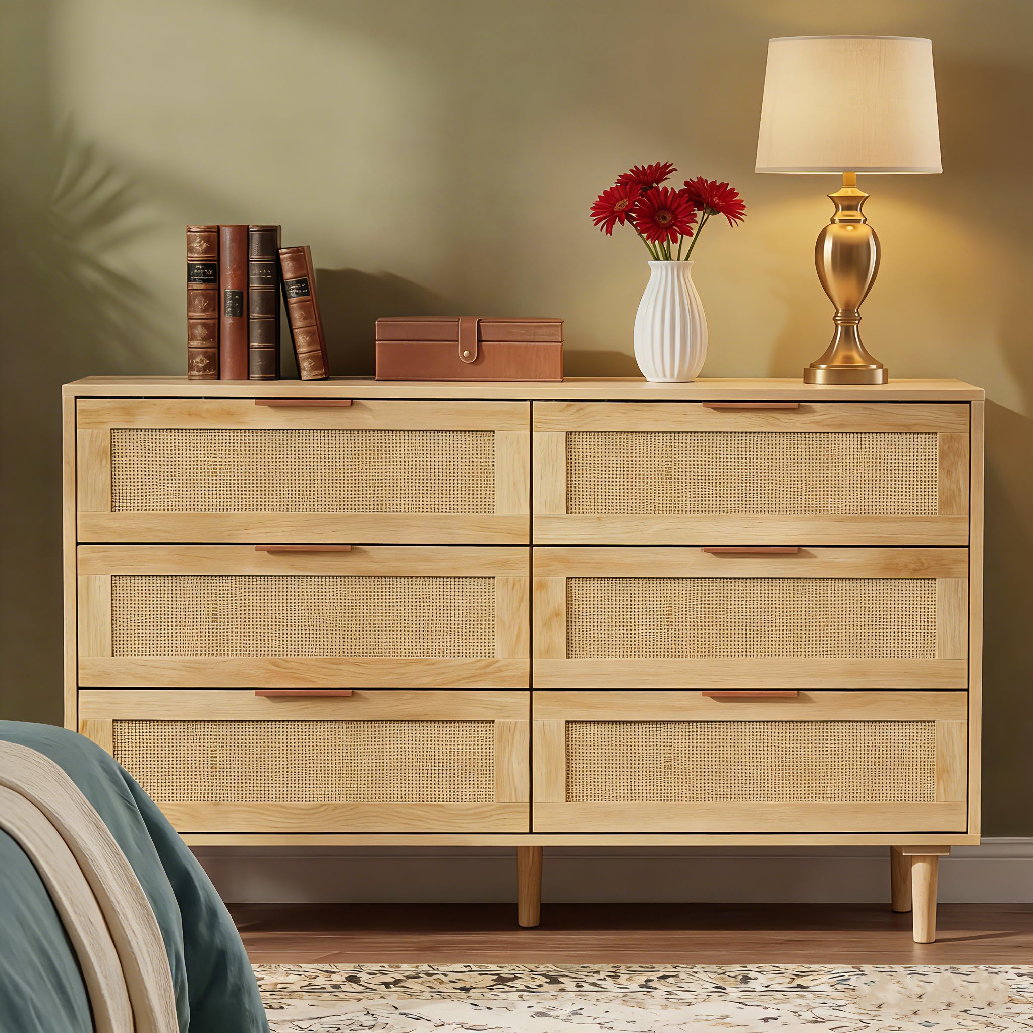 6 Drawer Dresser Rattan Dresser Modern Chest with Drawers,Wood Storage Closet Dressers Chest of Drawers for Bedroom,Living Room,Hallway (Natural)