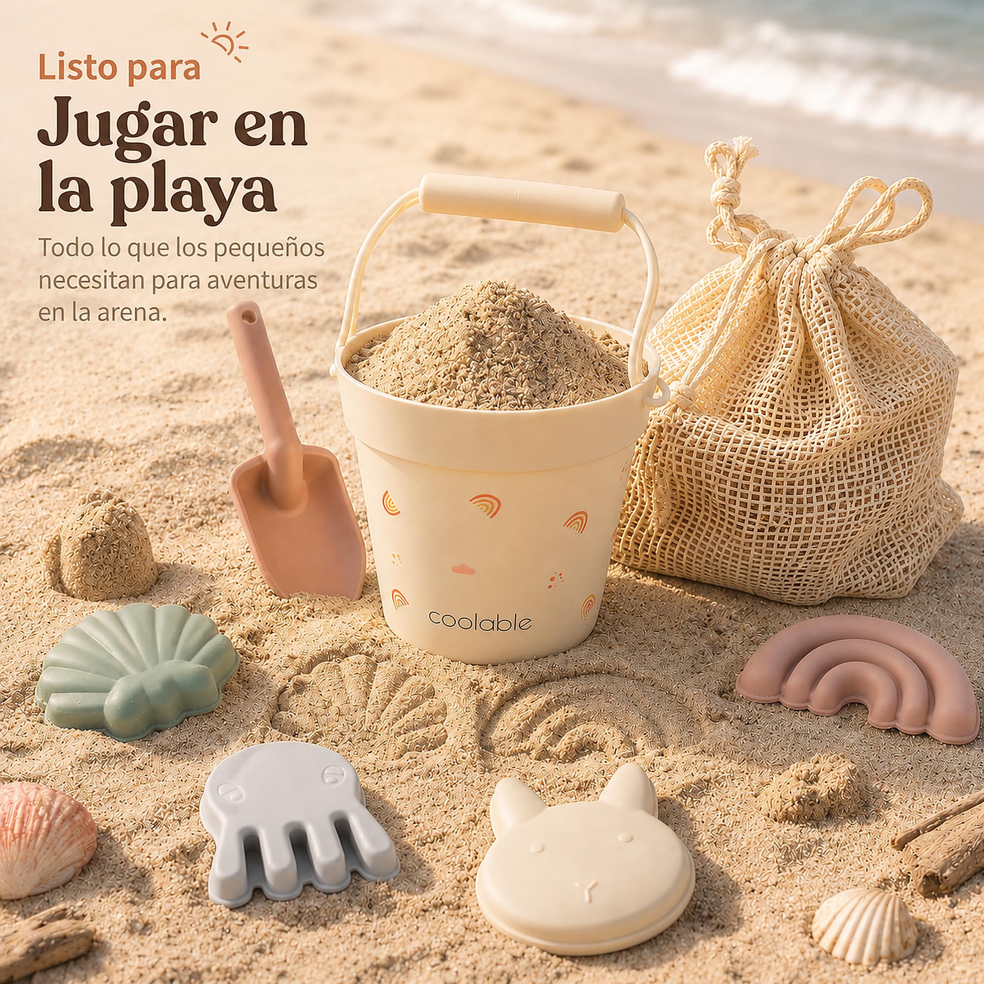 Set de 6 Juguetes de Playa de Silicona para Niños - Cubo Plegable, Pala, 4 Moldes de Arena y Bolsa de Malla - Arcoiris