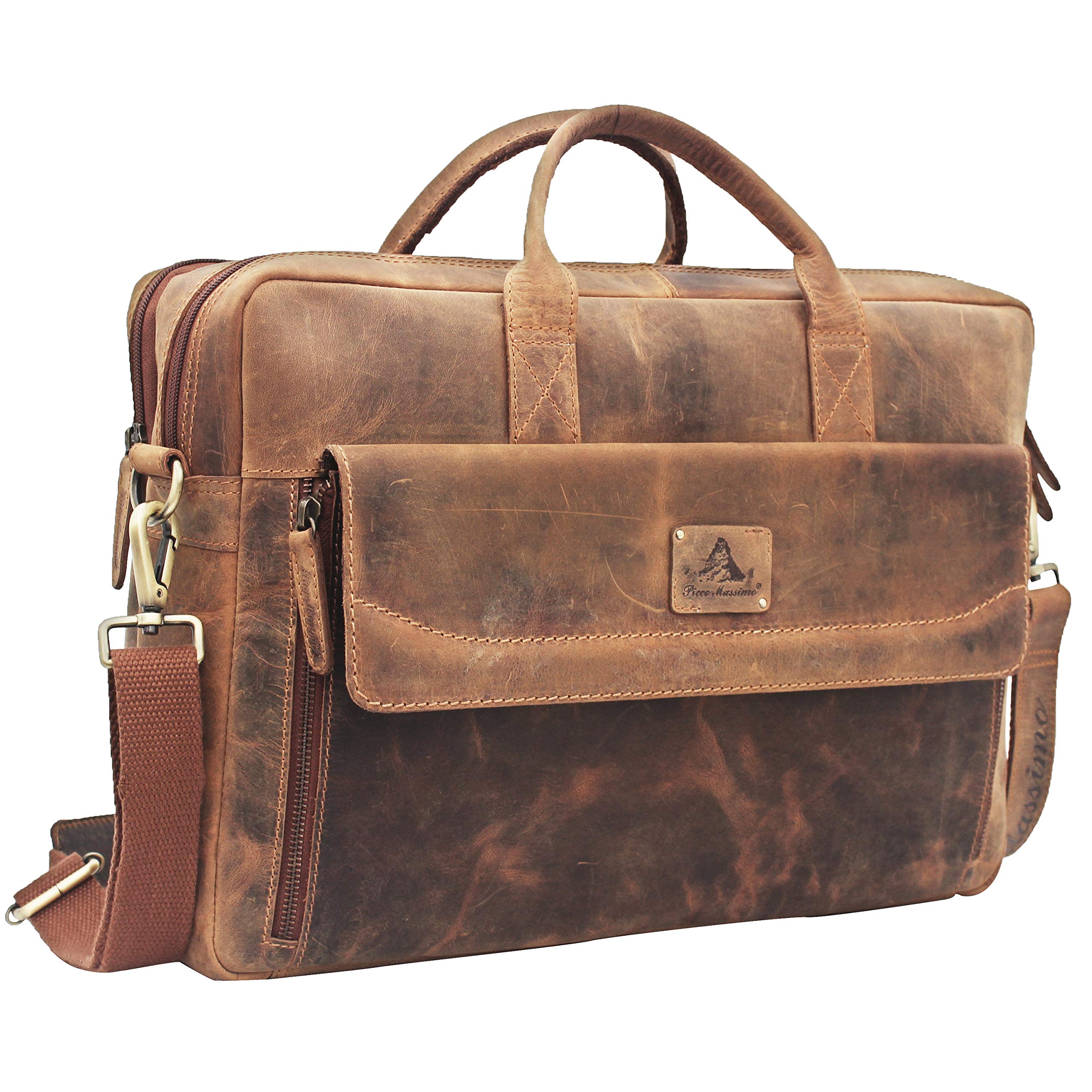 PICCO MASSIMO Leather Laptop Messenger Bag | Compatible for 15.6-inch Laptop | Multiple Compartments | Pocket Sleeves | 3 Zip Pocket | Adjustable-Detachable Shoulder Strap | Easily Accessible