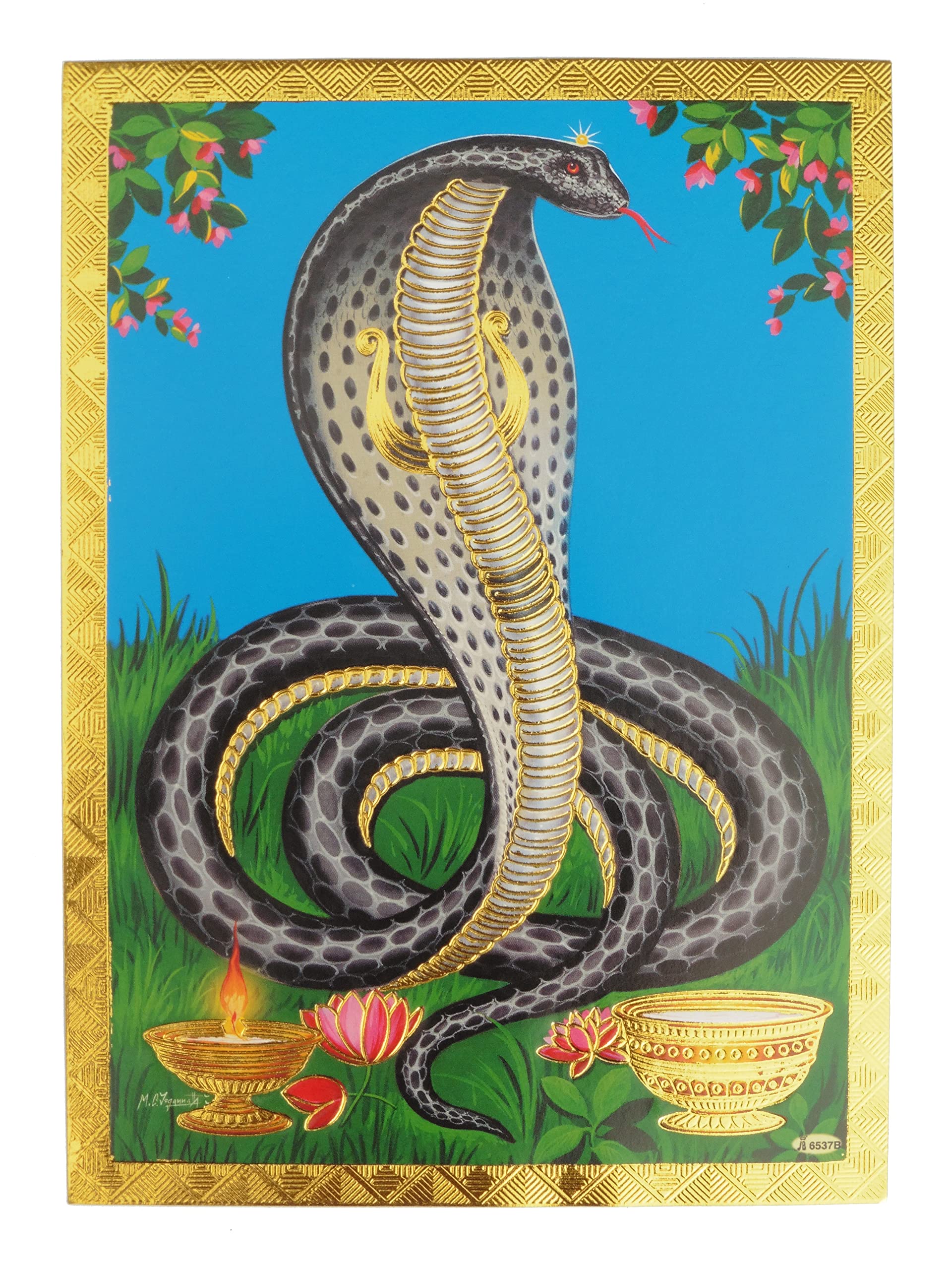 Jb Pictures Gold Foil Embossed Hindu God Lord Shiva King Cobra Shrine Picture