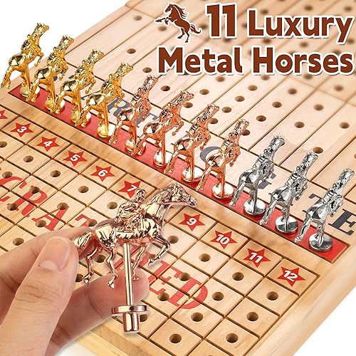 Miniatura 5 de Bravmate Juego de mesa grande de carreras de caballos de 21 pulgadas, juego de carreras de caballos plegable de madera maciza con 11 caballos de
